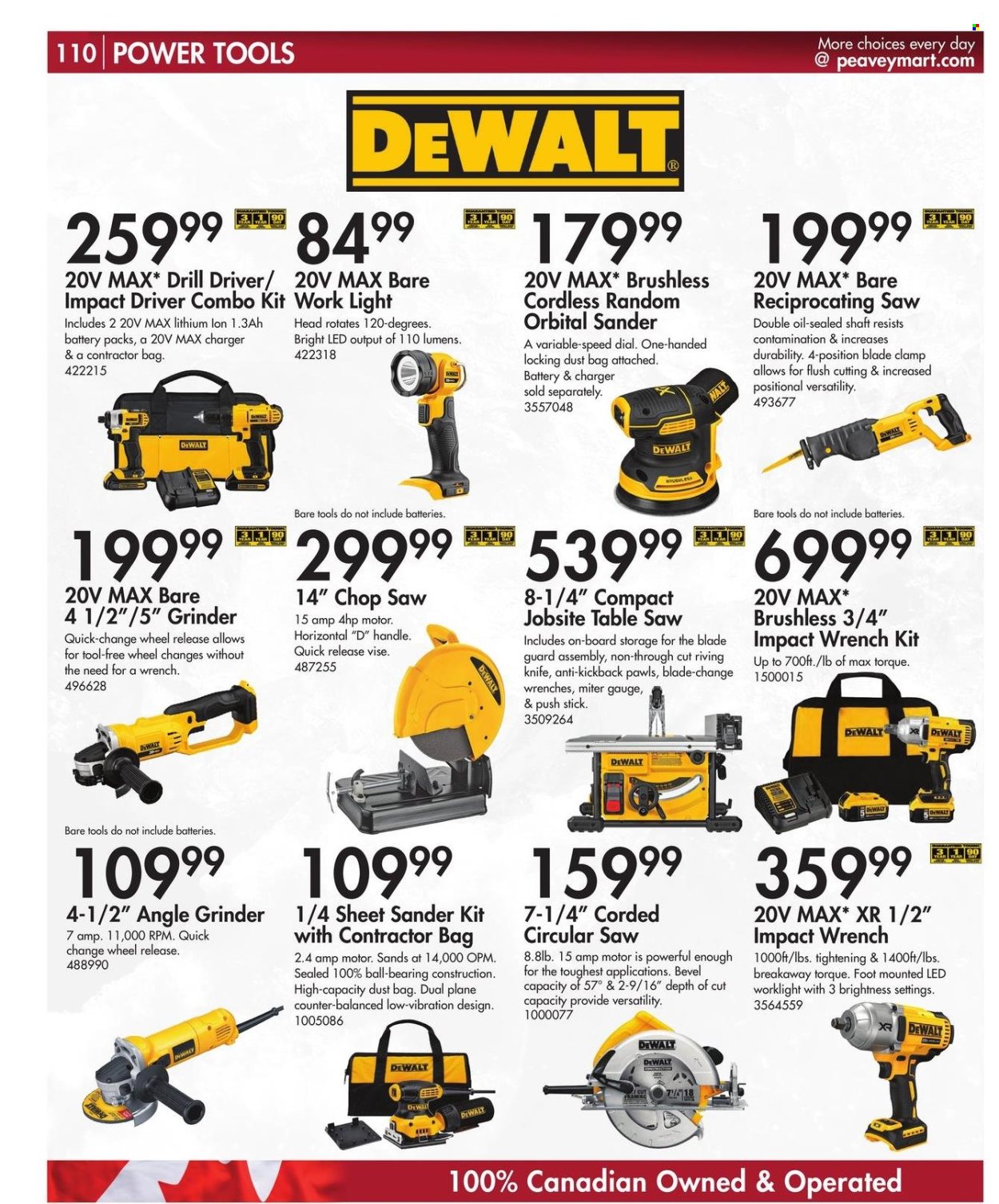thumbnail - Peavey Mart Flyer - February 28, 2024 - April 30, 2024 - Sales products - knife, bag, DeWALT, drill, impact driver, power tools, impact wrench, circular saw, angle grinder, reciprocating saw, table saw, combo kit, clamp, gauge, kickback. Page 111.