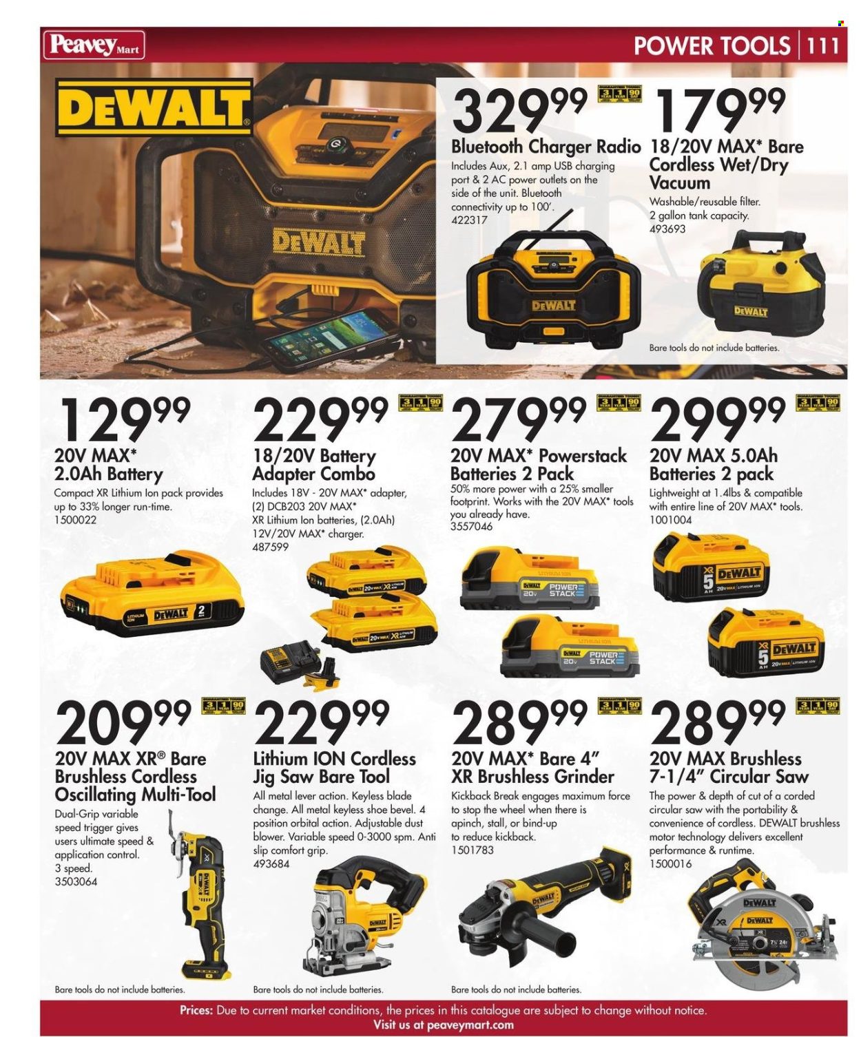thumbnail - Peavey Mart Flyer - February 28, 2024 - April 30, 2024 - Sales products - gallon, tank, DeWALT, shoes, power tools, grinder, circular saw, jig saw, blower, multi-tool, radio, kickback. Page 112.