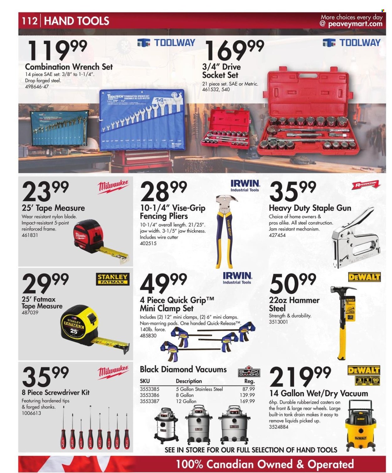 thumbnail - Peavey Mart Flyer - February 28, 2024 - April 30, 2024 - Sales products - gallon, cutter, tank, DeWALT, Stanley, Milwaukee, screwdriver, hammer, wrench, pliers, socket set, wrench set, fencing pliers, measuring tape, staple gun, clamp set, clamp. Page 113.