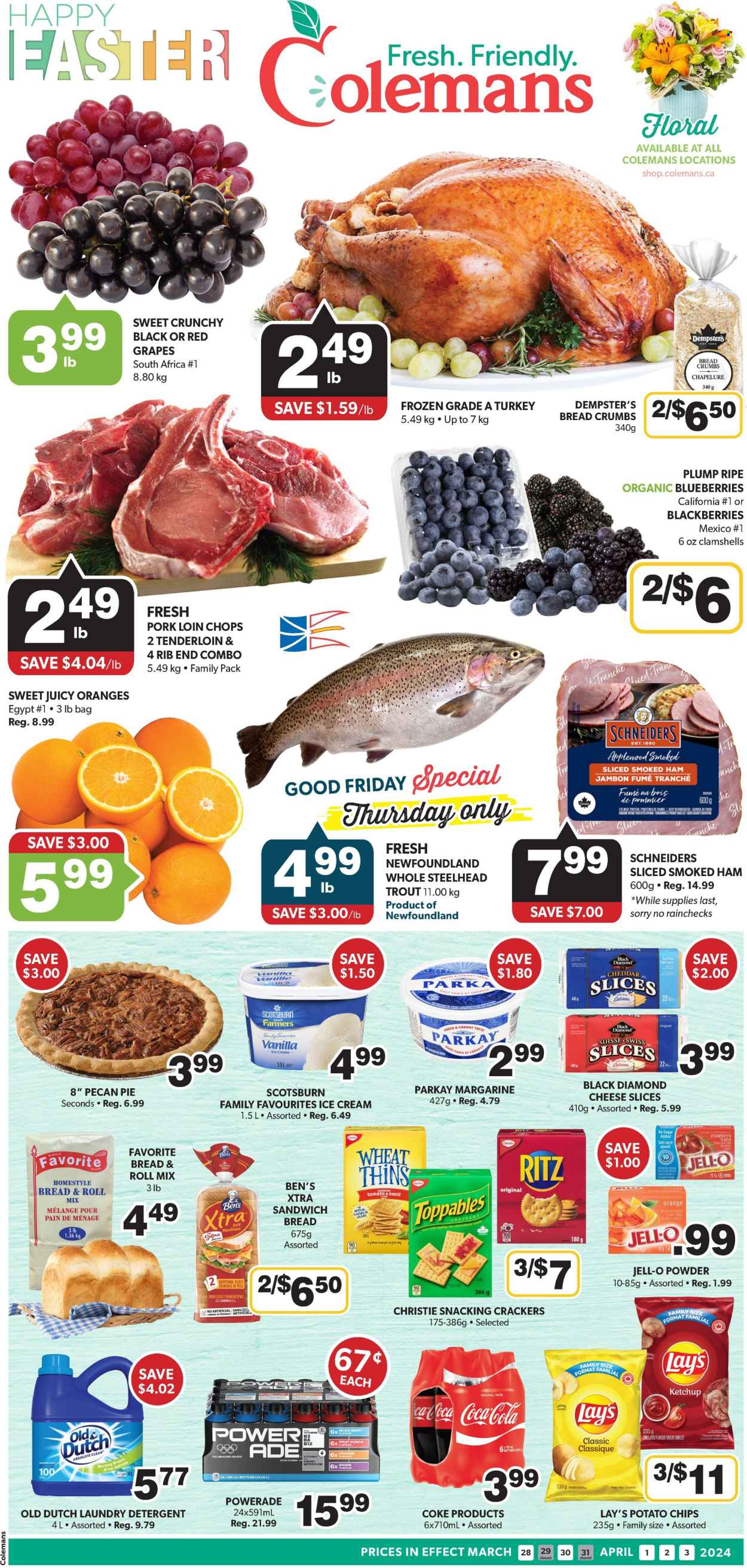 thumbnail - Colemans Flyer - March 28, 2024 - May 03, 2024 - Sales products - pie, breadcrumbs, blackberries, blueberries, oranges, trout, snack, ham, smoked ham, sliced cheese, cheese, margarine, ice cream, crackers, RITZ, potato chips, Lay’s, Thins, salty snack, topping, Jell-O, herbs, ketchup, Coca-Cola, Powerade, energy drink, soft drink, fruit punch, Coke, electrolyte drink, carbonated soft drink, pork chops, pork loin, pork meat, detergent, laundry detergent, XTRA, Absolute, calcium, dietary supplement, vitamins, parka. Page 1.
