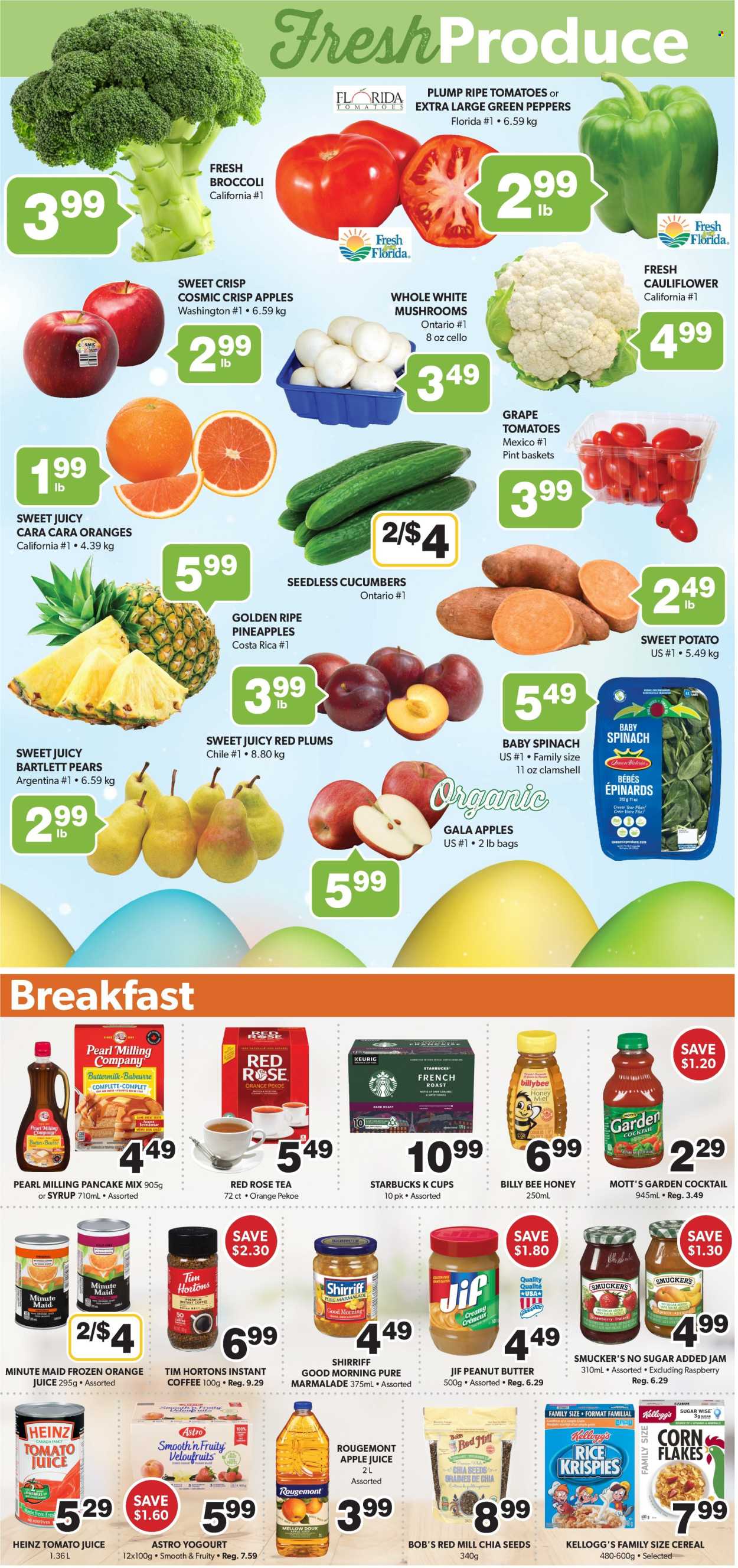 thumbnail - Colemans Flyer - March 28, 2024 - May 03, 2024 - Sales products - mushrooms, pancake mix, broccoli, cauliflower, cucumber, sweet potato, tomatoes, peppers, green pepper, baby spinach, Bartlett pears, Gala, pineapple, plums, red plums, Mott's, yoghurt, Kellogg's, corn flakes, Rice Krispies, chia seeds, caramel, honey, peanut butter, Jif, marmalade, jam, apple juice, tomato juice, orange juice, juice, vegetable juice, water, tea, coffee, instant coffee, coffee capsules, Starbucks, K-Cups, Keurig, Ethical, gelatin, dietary supplement, vitamins, Heinz. Page 2.