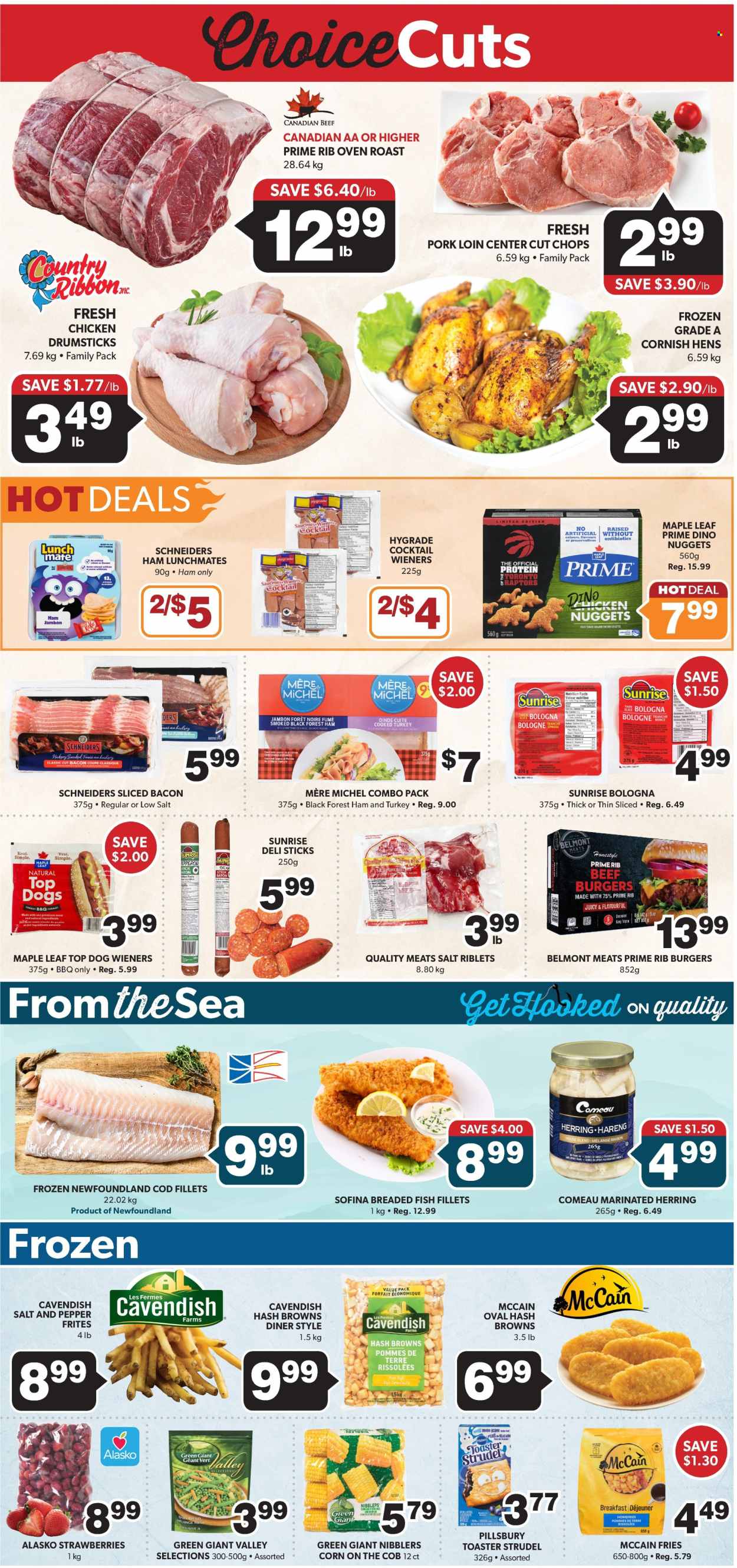 thumbnail - Colemans Flyer - March 28, 2024 - May 03, 2024 - Sales products - corn, cod, herring, nuggets, hamburger, Pillsbury, beef burger, breaded fish, roast, ready meal, breaded chicken, bacon, ham, bologna sausage, frankfurters, McCain, hash browns, potato fries, frosting, cocktail, chicken drumsticks, turkey, pork loin, pork meat. Page 3.