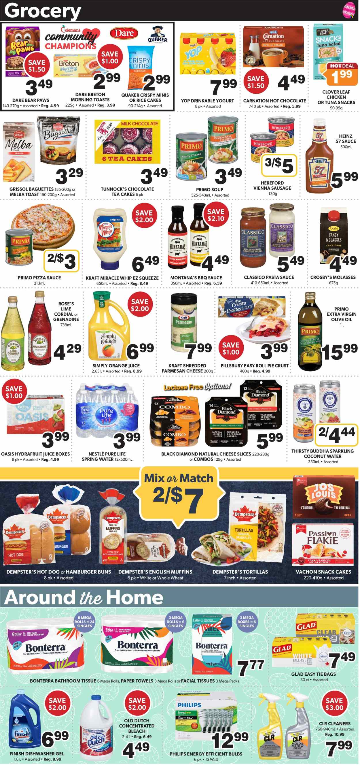 thumbnail - Colemans Flyer - March 28, 2024 - May 03, 2024 - Sales products - english muffins, tortillas, hot dog rolls, buns, burger buns, rice cakes, pie crust, salad, pasta sauce, soup, snack, Pillsbury, Quaker, Kraft®, spaghetti sauce, vienna sausage, tuna salad, shredded cheese, sliced cheese, parmesan, cheese, yoghurt drink, mayonnaise, Miracle Whip, cookies, milk chocolate, snack cake, rice crisps, crisps, pizza sauce, BBQ sauce, extra virgin olive oil, olive oil, molasses, orange juice, juice, coconut water, spring water, bottled water, water, grenadine, hot chocolate, bath tissue, kitchen towels, paper towels, cleaner, bleach, facial tissues, bulb, Philips, Nestlé, Heinz, sauce. Page 4.
