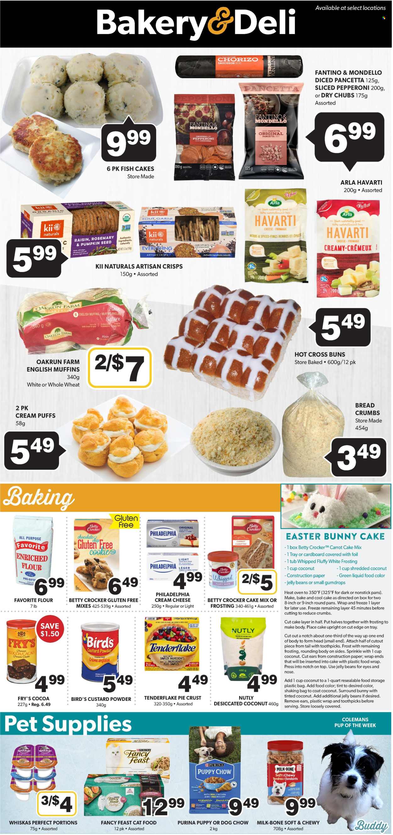 thumbnail - Colemans Flyer - March 28, 2024 - May 03, 2024 - Sales products - english muffins, buns, puffs, cream puffs, hot cross buns, breadcrumbs, cake mix, pie crust, pancetta, chorizo, sausage, pepperoni, cheese spread, pâté, Havarti, Arla, custard, fish cake, cookies, jelly beans, crisps, cocoa, flour, frosting, baking mix, bulgur, shredded coconut, meal box, clingwrap, PREMIERE, animal food, cat food, dog food, Dog Chow, Purina, Fancy Feast, Philadelphia, Whiskas, easter bunny. Page 5.