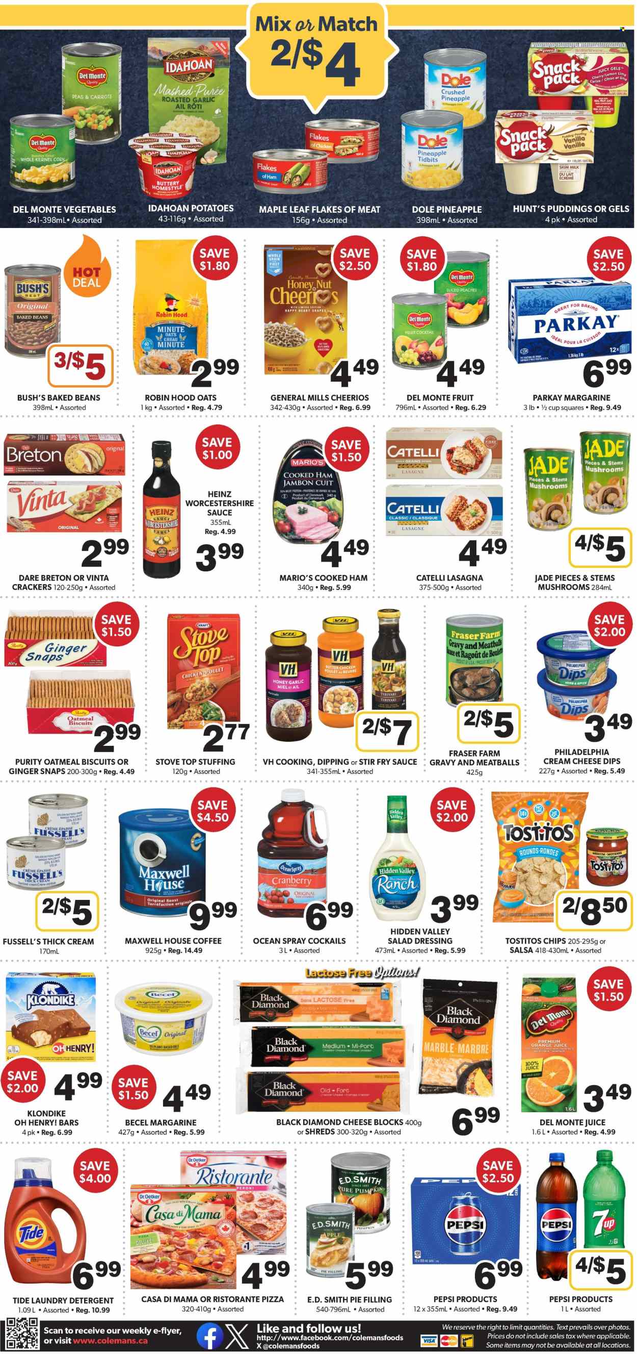thumbnail - Colemans Flyer - March 28, 2024 - May 03, 2024 - Sales products - roti, pumpkin, peas, Dole, peaches, mashed potatoes, pizza, meatballs, lasagna meal, ready meal, cream cheese, Dr. Oetker, pudding, milk, margarine, thickened cream, crackers, biscuit, General Mills, chips, Tostitos, salty snack, stuffing mix, pie filling, oatmeal, canned vegetables, baked beans, canned fruit, Del Monte, canned meat, Cheerios, salad dressing, worcestershire sauce, dressing, salsa, Pepsi, orange juice, juice, soft drink, 7UP, carbonated soft drink, Maxwell House, coffee, beer, Peroni, Purity, detergent, Tide, laundry detergent, Heinz, Philadelphia. Page 6.