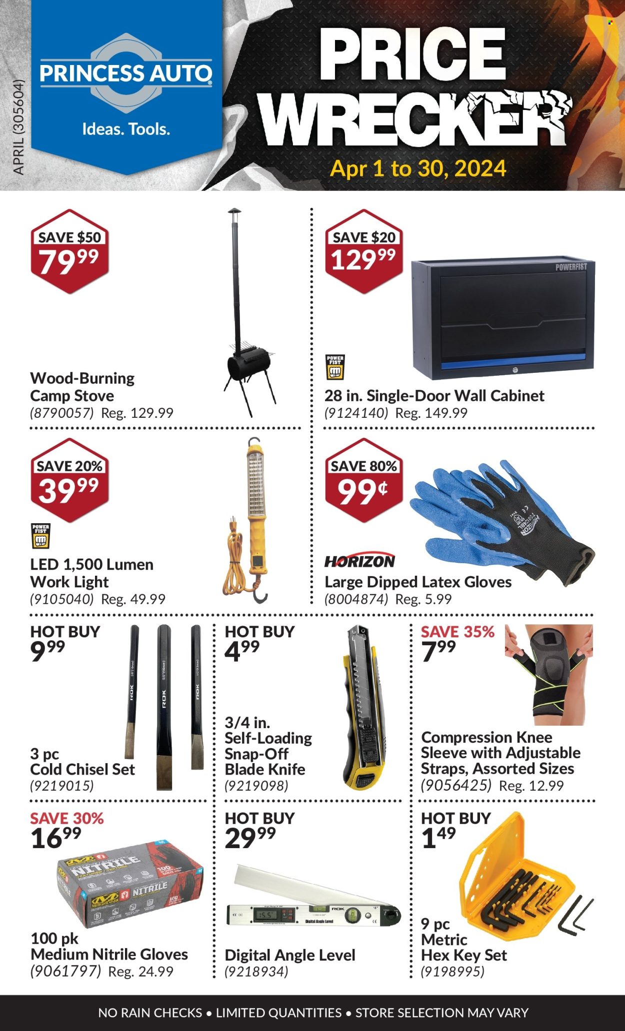 thumbnail - Princess Auto Flyer - April 01, 2024 - April 30, 2024 - Sales products - work light, stove, knife, gloves, cabinet, wall cabinet. Page 1.