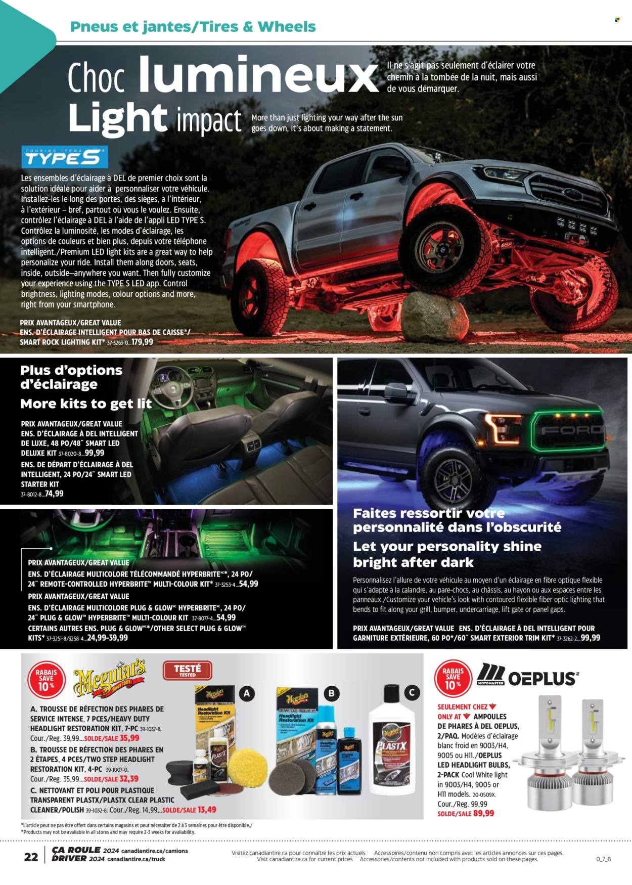 thumbnail - Canadian Tire Flyer - April 11, 2024 - May 01, 2024 - Sales products - cleaner, plug, bulb, polish, LED light, lighting, grill, tires. Page 22.