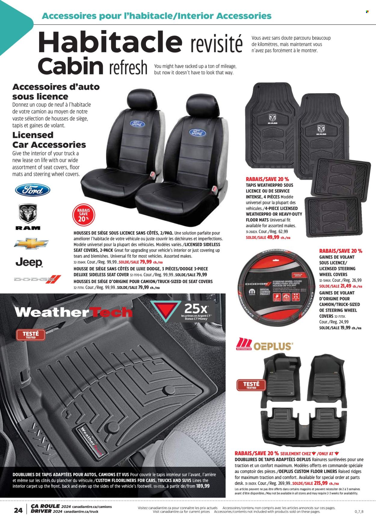 thumbnail - Canadian Tire Flyer - April 11, 2024 - May 01, 2024 - Sales products - desk, floor mat, carpet, car seat cover, car accessorie, wheel covers. Page 24.