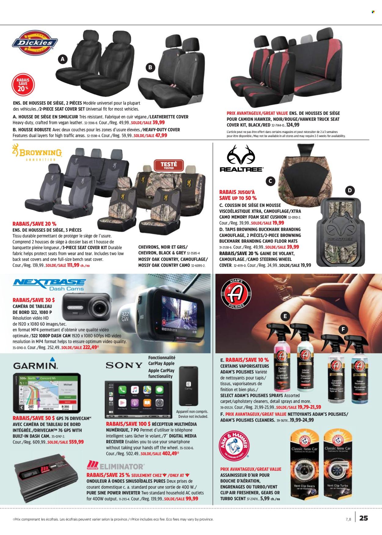 thumbnail - Canadian Tire Flyer - April 11, 2024 - May 01, 2024 - Sales products - cleaner, XTRA, air freshener, seat cushion, cushion, Optimum, camera, dashboard camera, bench, floor mat, Browning, carpet, receiver, power inverter, car seat cover, wheel covers. Page 25.