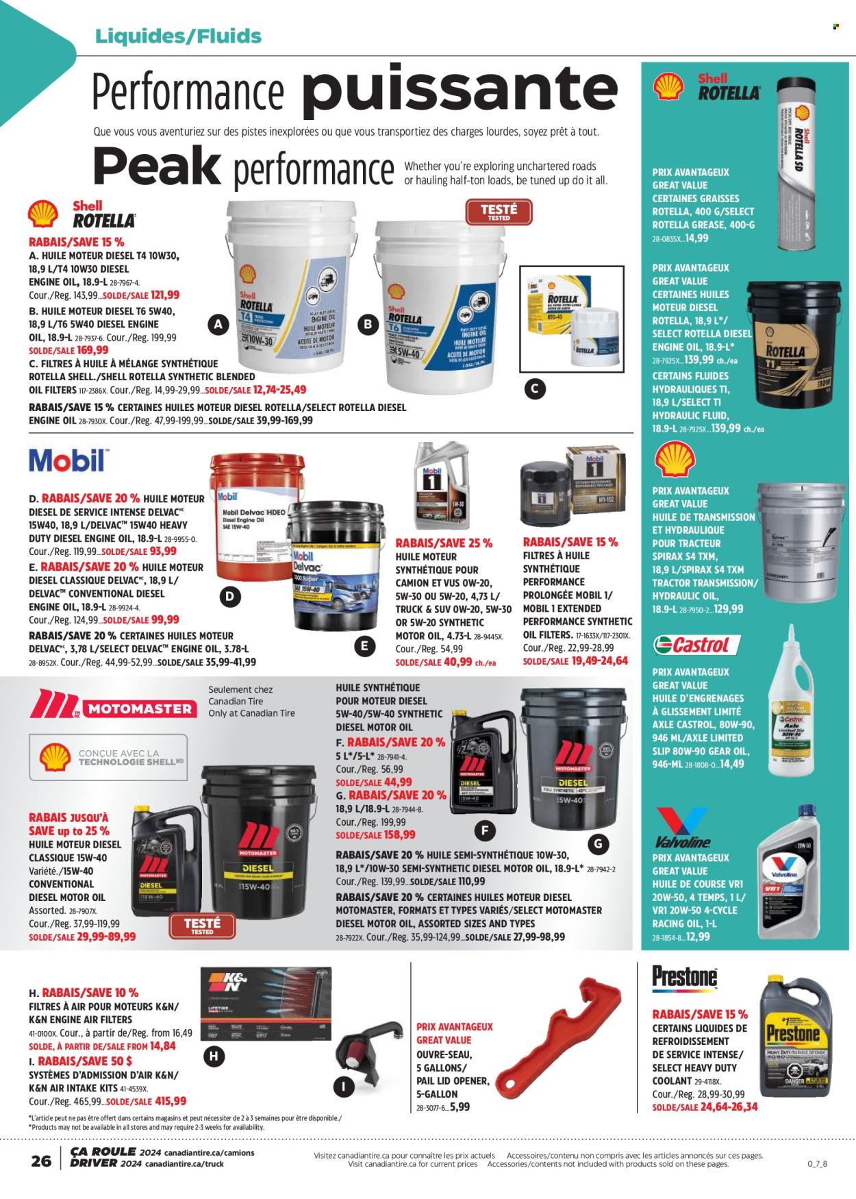 thumbnail - Canadian Tire Flyer - April 11, 2024 - May 01, 2024 - Sales products - air filter, lid, tractor, oil filter, Mobil, motor oil, Rotella, Shell, Castrol, hydraulic fluids. Page 26.
