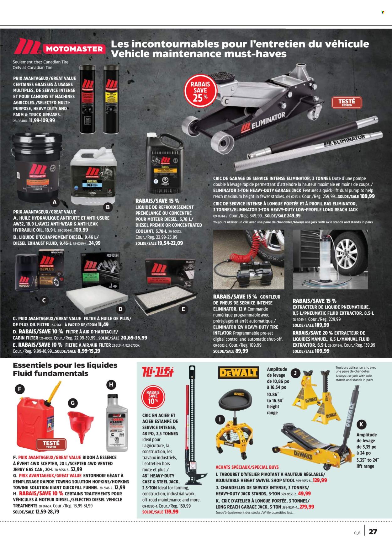 thumbnail - Canadian Tire Flyer - April 11, 2024 - May 01, 2024 - Sales products - air filter, stool, inflator, vehicle, tire inflator, oil filter, cabin filter, axle stands, exhaust fluid. Page 27.
