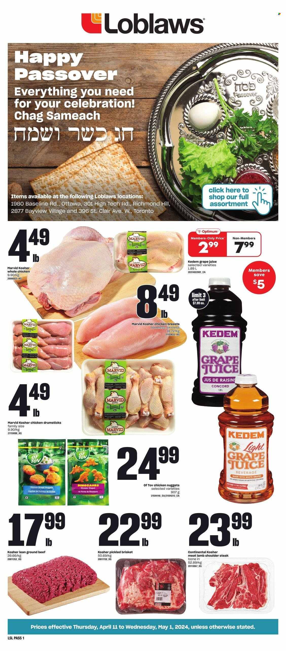 thumbnail - Loblaws Flyer - April 11, 2024 - May 01, 2024 - Sales products - nuggets, chicken nuggets, Continental, brisket, ready meal, Celebration, raisins, dried fruit, juice, Kedem, whole chicken, chicken drumsticks, beef meat, steak, lamb meat, lamb shoulder, Optimum. Page 1.