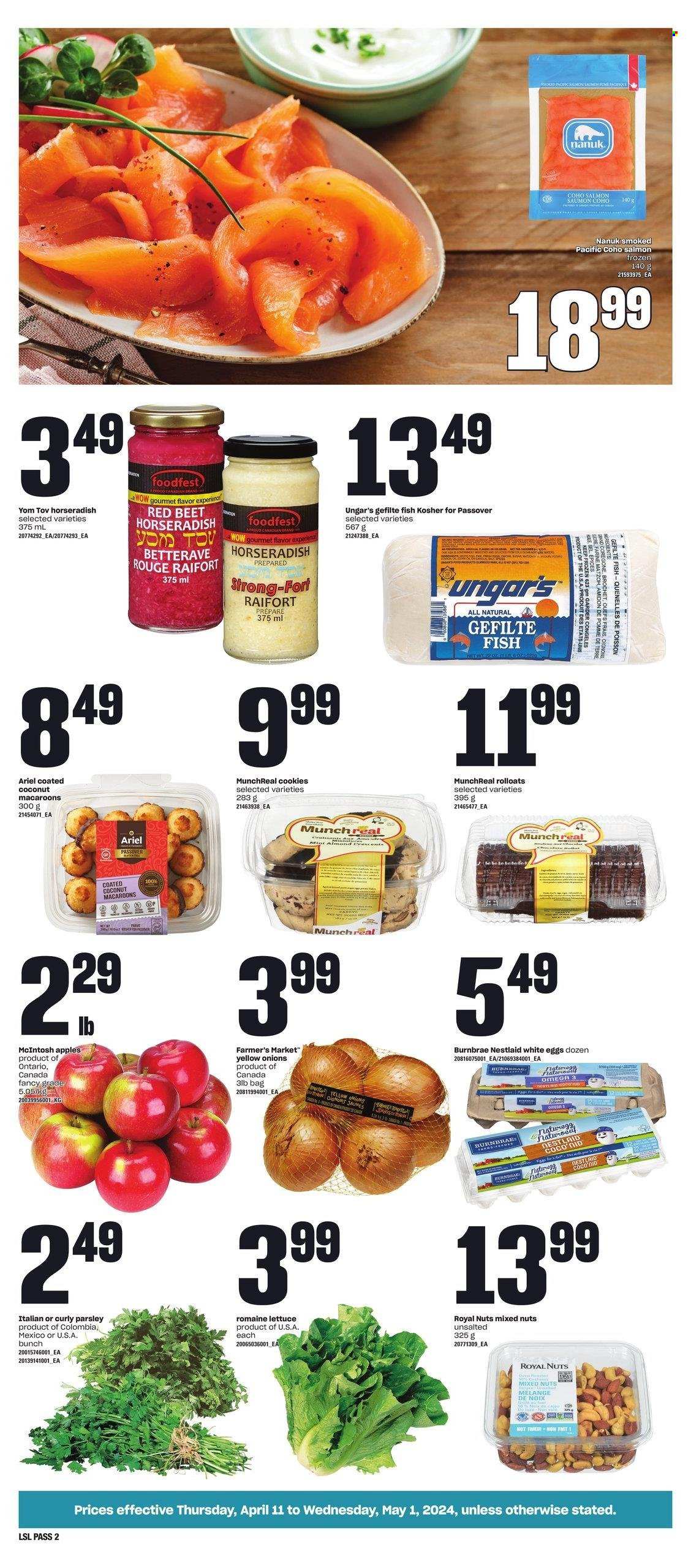 thumbnail - Loblaws Flyer - April 11, 2024 - May 01, 2024 - Sales products - macaroons, horseradish, parsley, onion, lettuce, romaine lettuce, apples, salmon, fish, cookies, spice, mixed nuts, Ariel, eggs. Page 2.