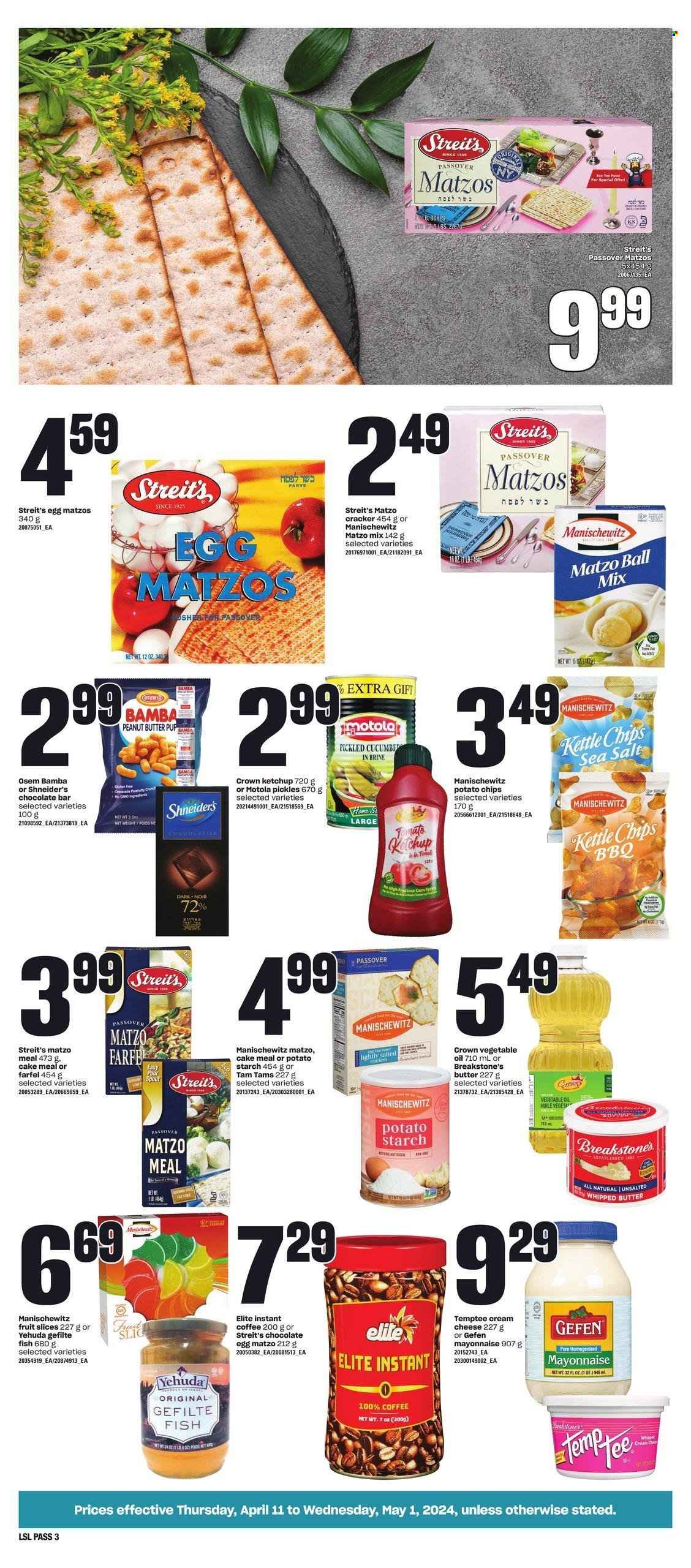 thumbnail - Loblaws Flyer - April 11, 2024 - May 01, 2024 - Sales products - matzo bread, corn, fish, cream cheese, whipped butter, mayonnaise, crackers, chocolate egg, fruit slices, chocolate bar, potato chips, Bamba, Kettle chips, matzo meal, starch, potato starch, pickles, pickled vegetables, ketchup, vegetable oil, oil, peanut butter, coffee, instant coffee. Page 3.