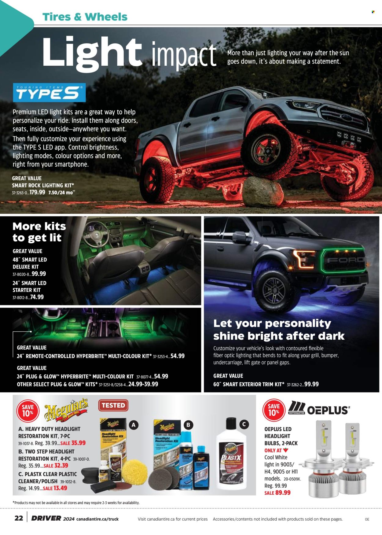 thumbnail - Canadian Tire Flyer - April 12, 2024 - June 02, 2024 - Sales products - cleaner, plug, bulb, polish, LED light, lighting, grill, tires. Page 22.