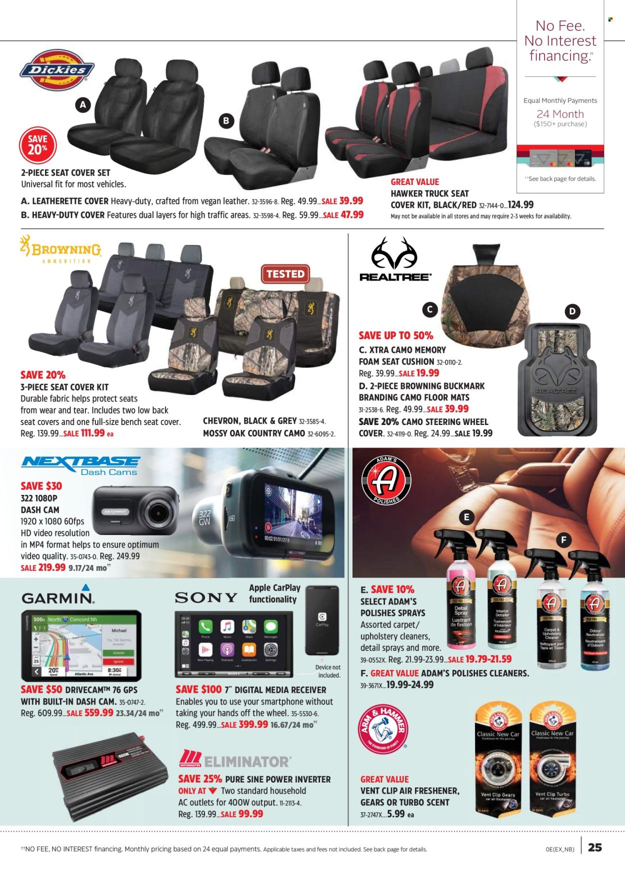 thumbnail - Canadian Tire Flyer - April 12, 2024 - June 02, 2024 - Sales products - cleaner, XTRA, air freshener, seat cushion, cushion, Optimum, dashboard camera, bench, floor mat, Browning, carpet, receiver, power inverter, car seat cover, wheel covers. Page 25.