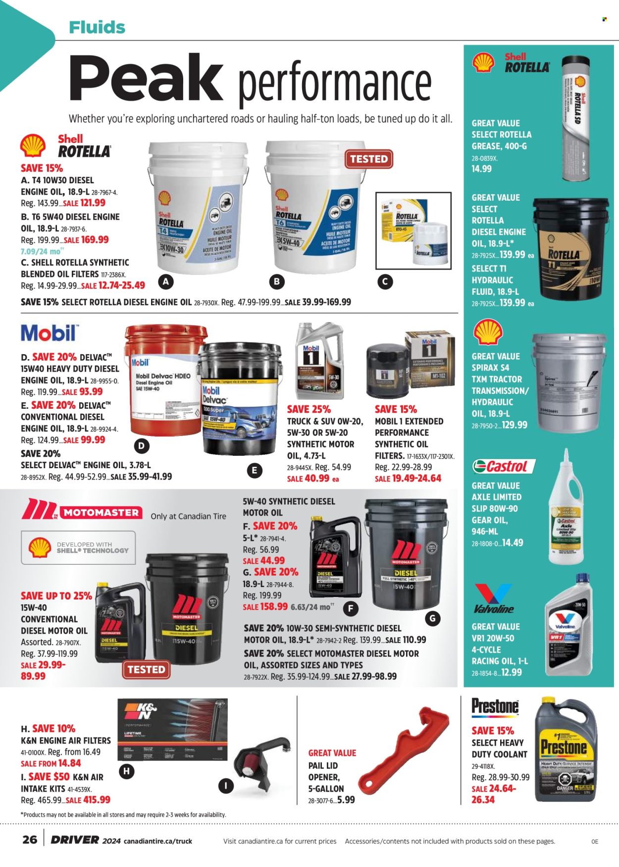thumbnail - Canadian Tire Flyer - April 12, 2024 - June 02, 2024 - Sales products - air filter, lid, tractor, oil filter, Mobil, motor oil, Rotella, Shell, hydraulic fluids. Page 26.