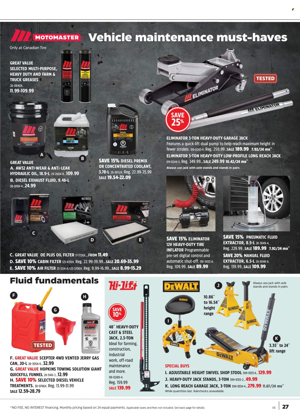 thumbnail - Canadian Tire Flyer - April 12, 2024 - June 02, 2024 - Sales products - air filter, stool, inflator, vehicle, tire inflator, oil filter, cabin filter, axle stands, exhaust fluid. Page 27.