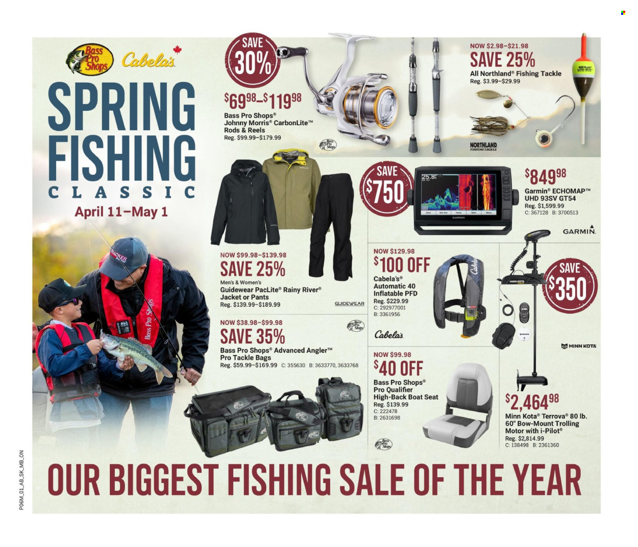 thumbnail - Bass Pro Shops Flyer - April 11, 2024 - May 01, 2024 - Sales products - Garmin, jacket, pants, bag, boat seat, Bass Pro. Page 1.