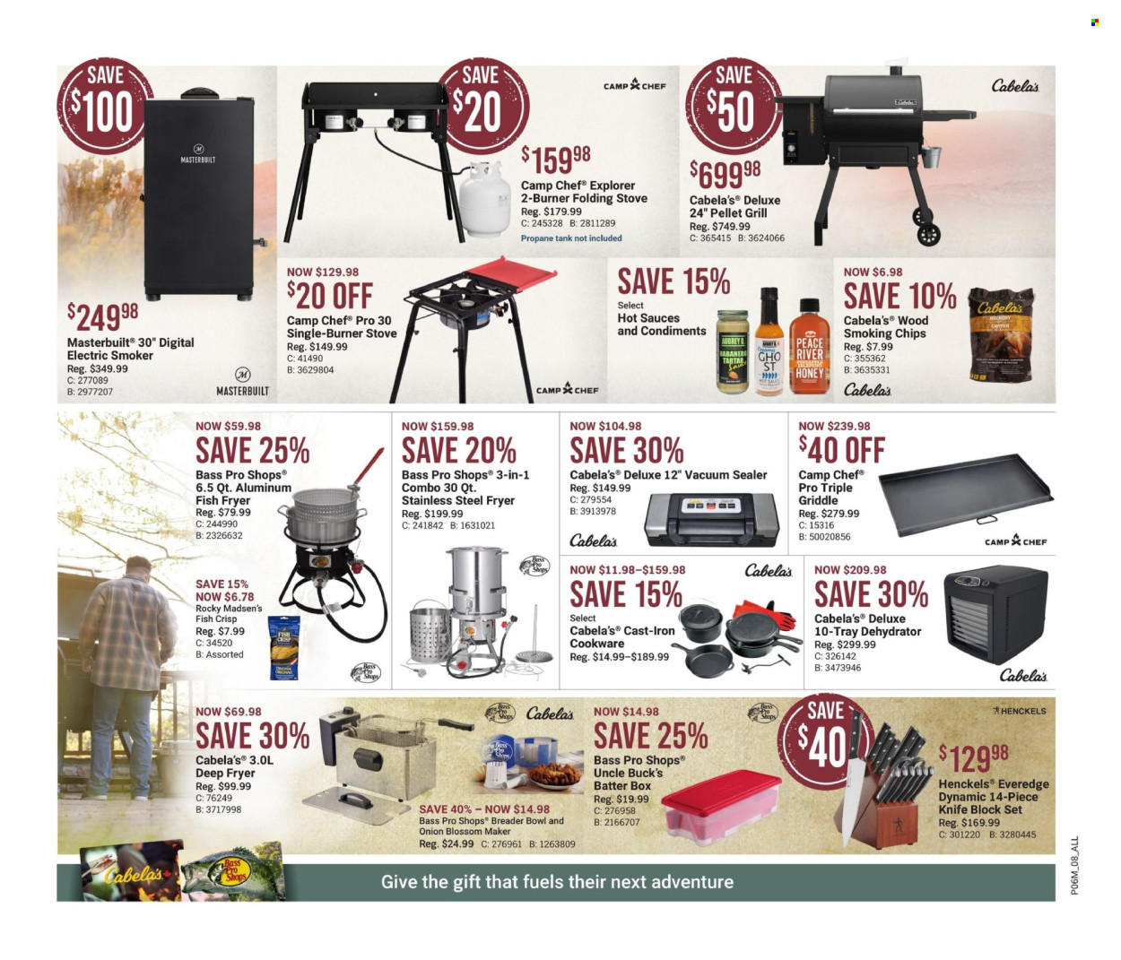 thumbnail - Bass Pro Shops Flyer - April 11, 2024 - May 01, 2024 - Sales products - Bass Pro, digital electric smoker, Masterbuilt, smoker, pellet grill, griddle, sauce. Page 9.