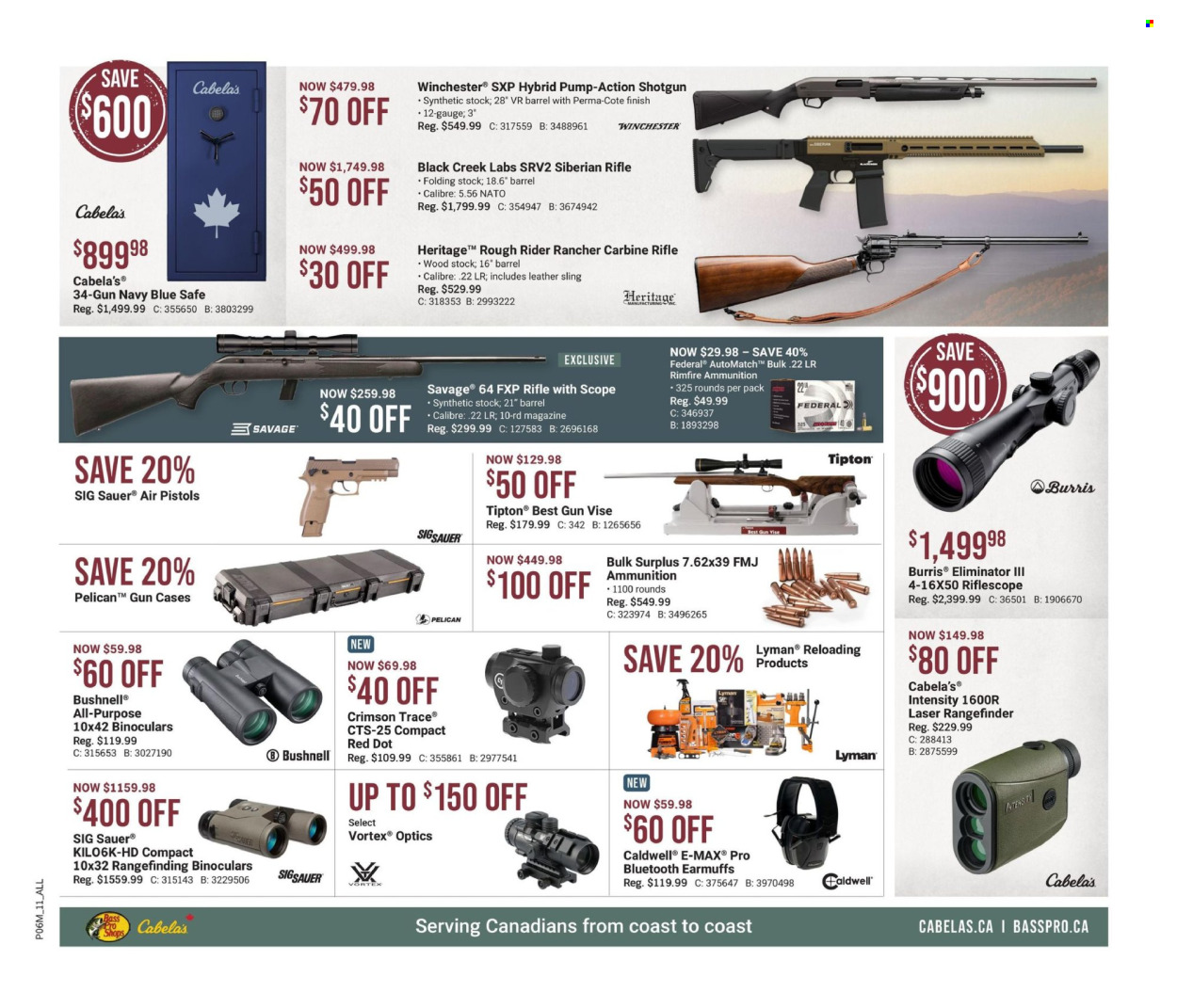 thumbnail - Bass Pro Shops Flyer - April 11, 2024 - May 01, 2024 - Sales products - rangefinder, earmuffs, binoculars, carbine, riflescope, SIG Sauer, gun, savage, Caldwell, gun vise, scope. Page 12.