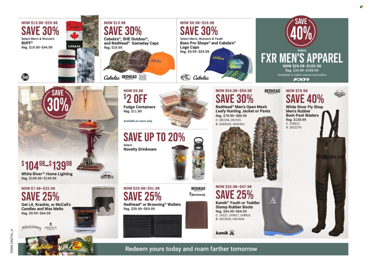 thumbnail - Bass Pro Shops Flyer - April 11, 2024 - May 01, 2024 - Sales products - fudge, jacket, pants, wallet, boots, Bass Pro, Browning, container. Page 13.