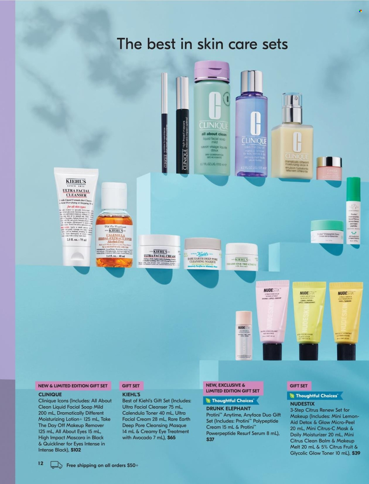 thumbnail - Pharmaprix Flyer - April 13, 2024 - May 12, 2024 - Sales products - lemons, gift set, soap, cleanser, Clinique, makeup remover, moisturizer, serum, toner, face cream, skin care product, body lotion, mascara. Page 12.