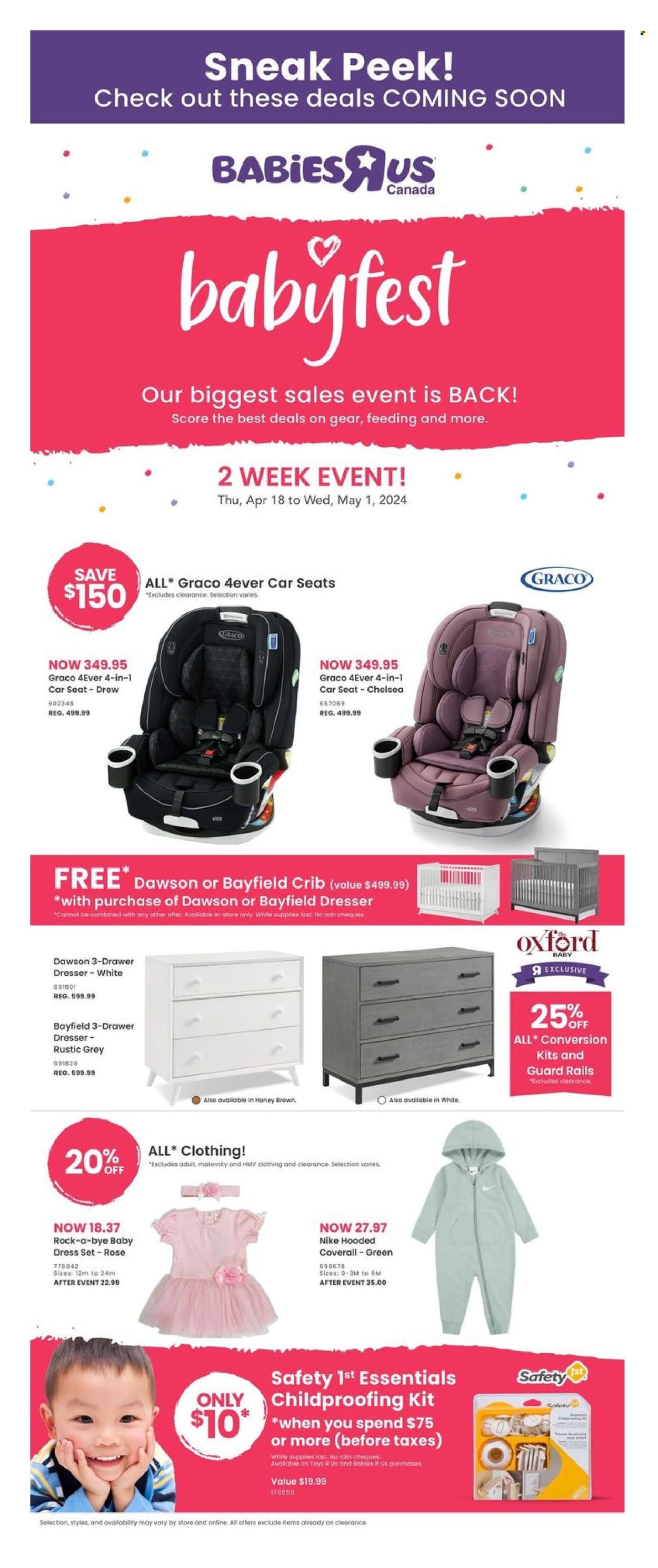 thumbnail - Toys''R''Us Flyer - April 18, 2024 - May 01, 2024 - Sales products - crib, dresser, Nike, toys, safety 1st, baby car seat, car seat. Page 1.
