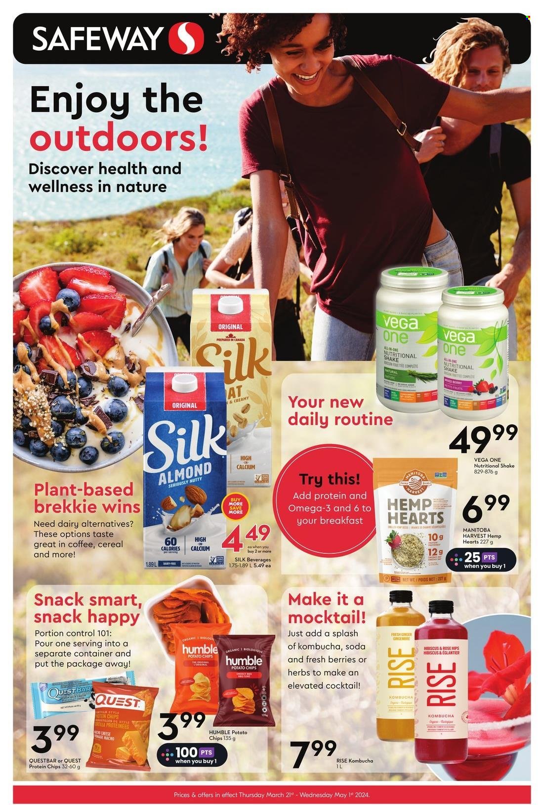 thumbnail - Safeway Flyer - March 21, 2024 - May 01, 2024 - Sales products - snack, plant based product, protein snack, Silk, shake, plant-based milk, potato chips, chips, cereals, soda, kombucha, calcium, nutritional supplement. Page 1.