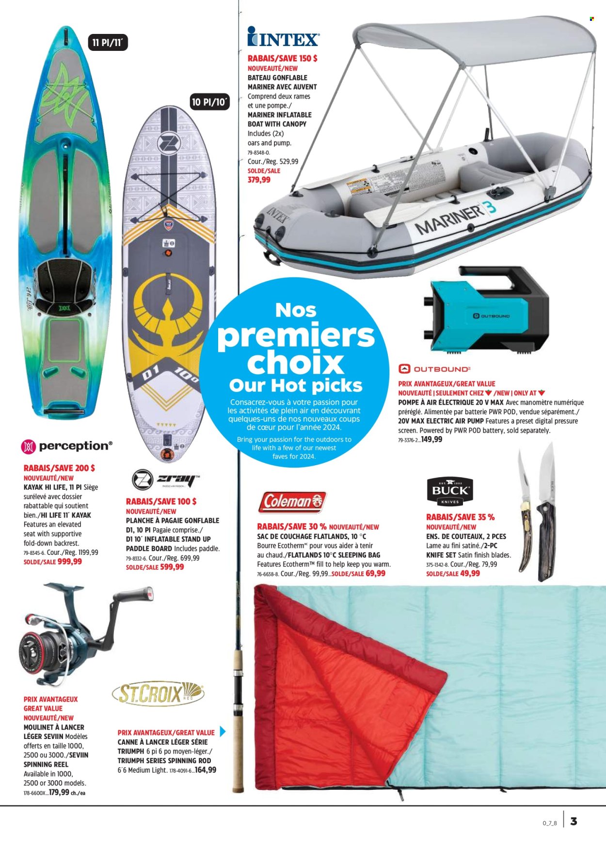 thumbnail - Canadian Tire Flyer - April 18, 2024 - May 08, 2024 - Sales products - knife, back pillow, kayak, paddleboard, inflatable boat, sleeping bag, reel, spinning reel. Page 3.
