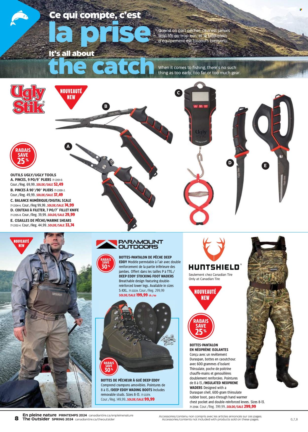 thumbnail - Canadian Tire Flyer - April 18, 2024 - May 08, 2024 - Sales products - scale, knife, scissors, eraser, UglyDolls, boots, hand warmer, wading boots, fishing accessories, pliers, Shell. Page 8.