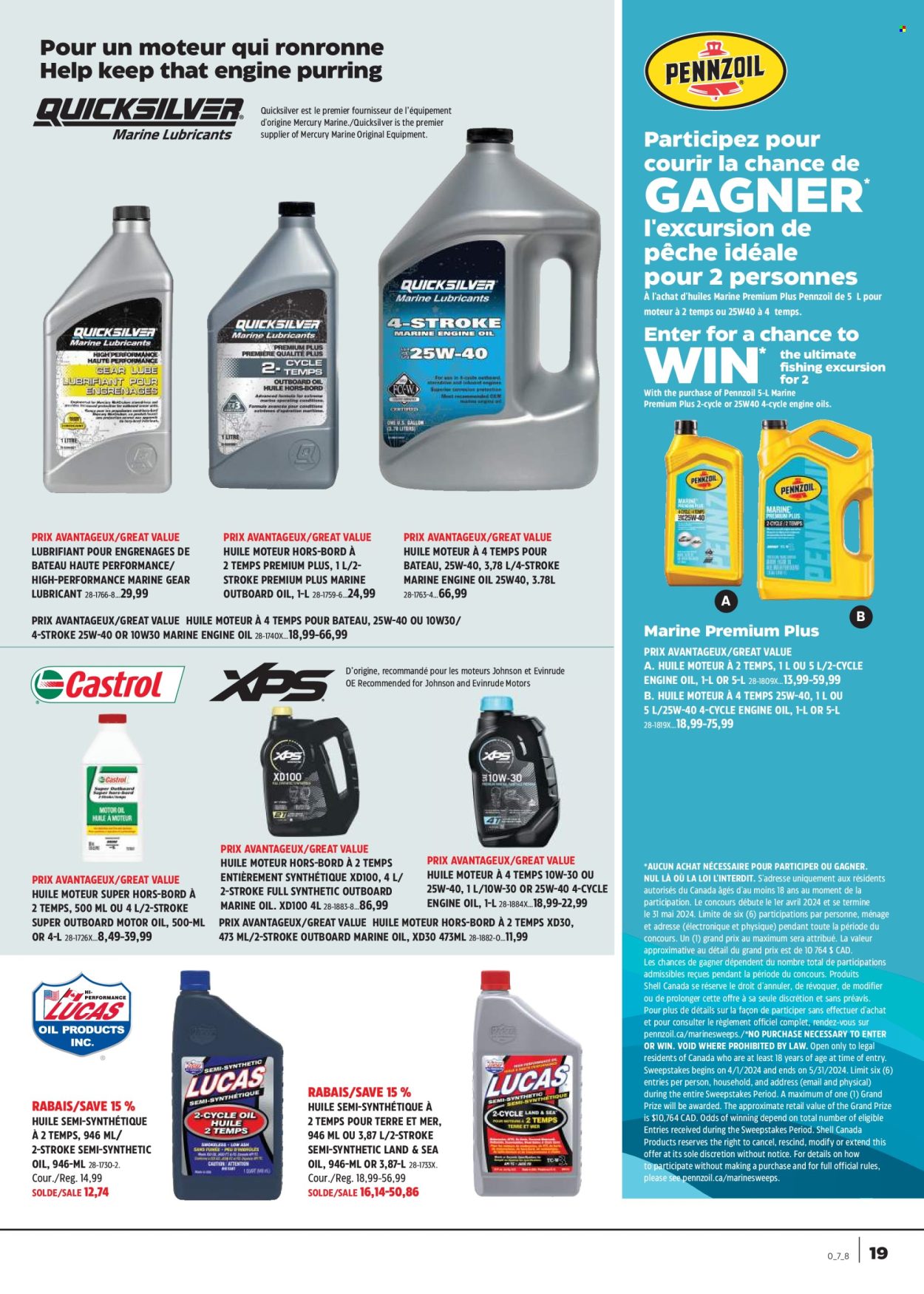 thumbnail - Canadian Tire Flyer - April 18, 2024 - May 08, 2024 - Sales products - Johnson's, lubricant, motor oil, Shell, Pennzoil, Quicksilver Marine Lubricants. Page 19.