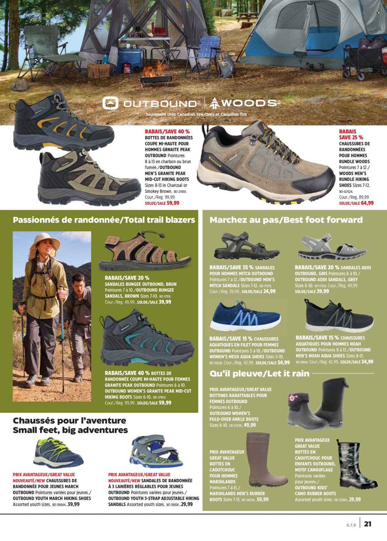 thumbnail - Canadian Tire Flyer - April 18, 2024 - May 08, 2024 - Sales products - eraser, boots, sandals, shoes, hiking shoes, water shoes, rubber boots, strap. Page 21.