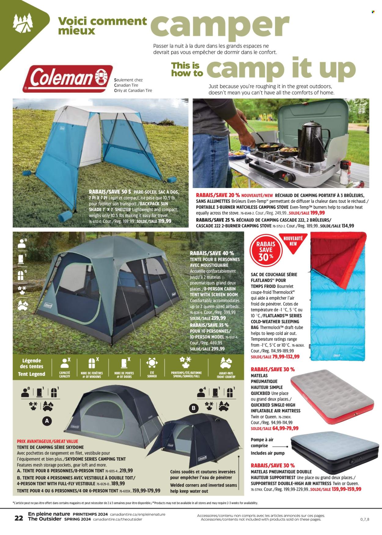 thumbnail - Canadian Tire Flyer - April 18, 2024 - May 08, 2024 - Sales products - Cascade, diffuser, stove, air mattress, airbed, mattress, pump, sleeping bag, tent, camping tent, sun shade. Page 22.