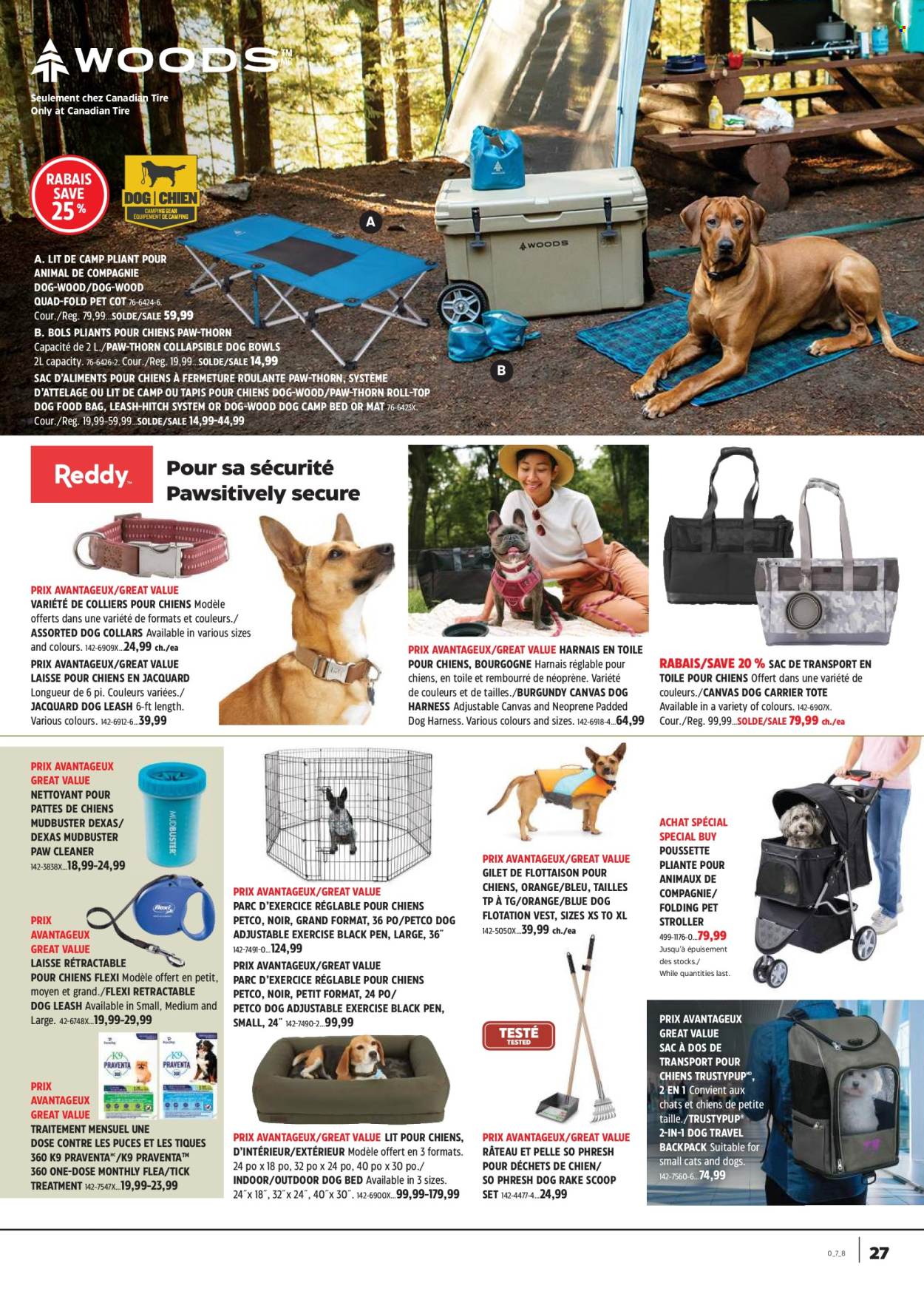 thumbnail - Canadian Tire Flyer - April 18, 2024 - May 08, 2024 - Sales products - cleaner, bowl, pen, canvas, dog bed, dog harness, leash, animal food, dog food, camping bed, tote, backpack, vest, neoprene, cot, rake. Page 27.