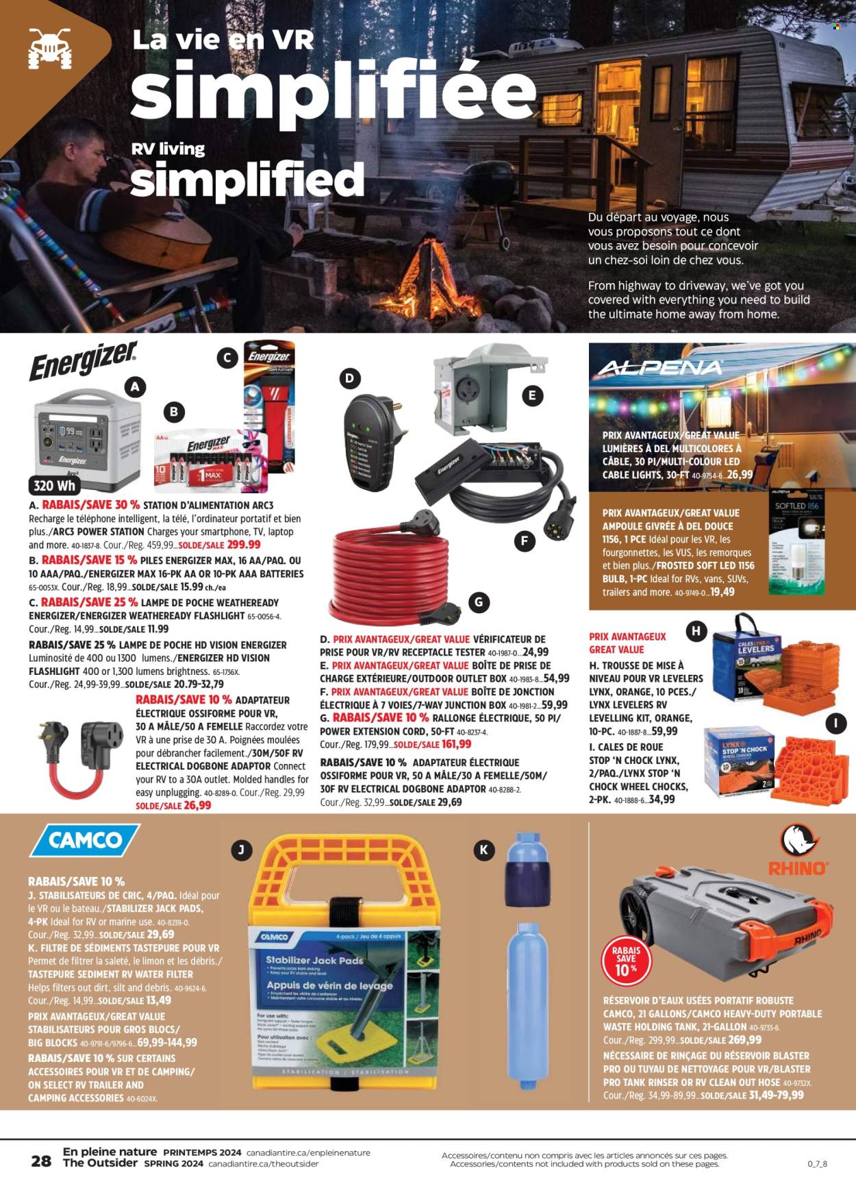 thumbnail - Canadian Tire Flyer - April 18, 2024 - May 08, 2024 - Sales products - pads, gallon, adaptor, battery, bulb, AAA batteries, water filter, tank, TV, Vans, flashlight, camping accessories, junction box, extension cord, Energizer. Page 28.