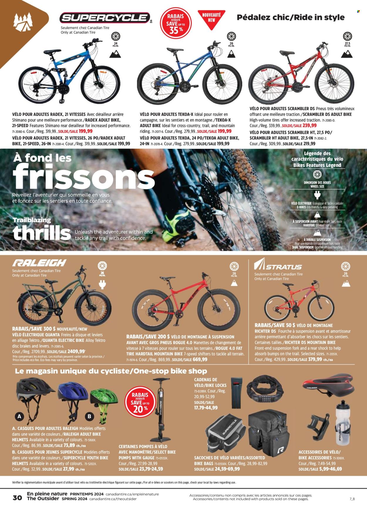 thumbnail - Canadian Tire Flyer - April 18, 2024 - May 08, 2024 - Sales products - bag, fork, electric bike, Shimano, bicycle accessories, fishing rod, gauge, tires. Page 30.