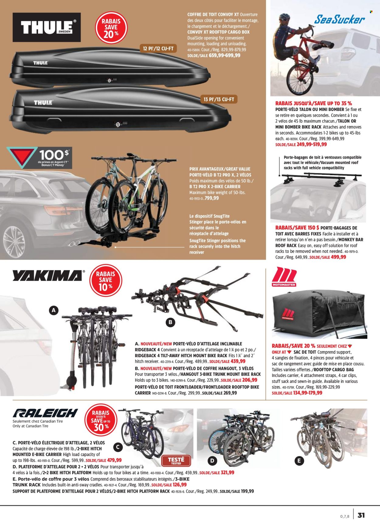 thumbnail - Canadian Tire Flyer - April 18, 2024 - May 08, 2024 - Sales products - electric bike, bike rack, vehicle, monkey, receiver, bike carrier, roof rack. Page 31.