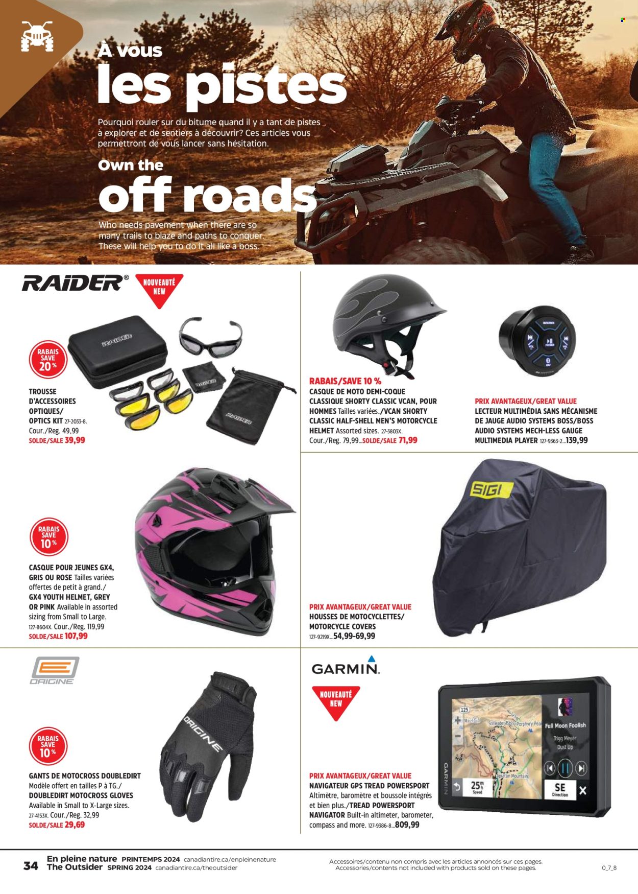thumbnail - Canadian Tire Flyer - April 18, 2024 - May 08, 2024 - Sales products - gloves, gps navigation, helmet, optics, gauge, rose, Shell. Page 34.