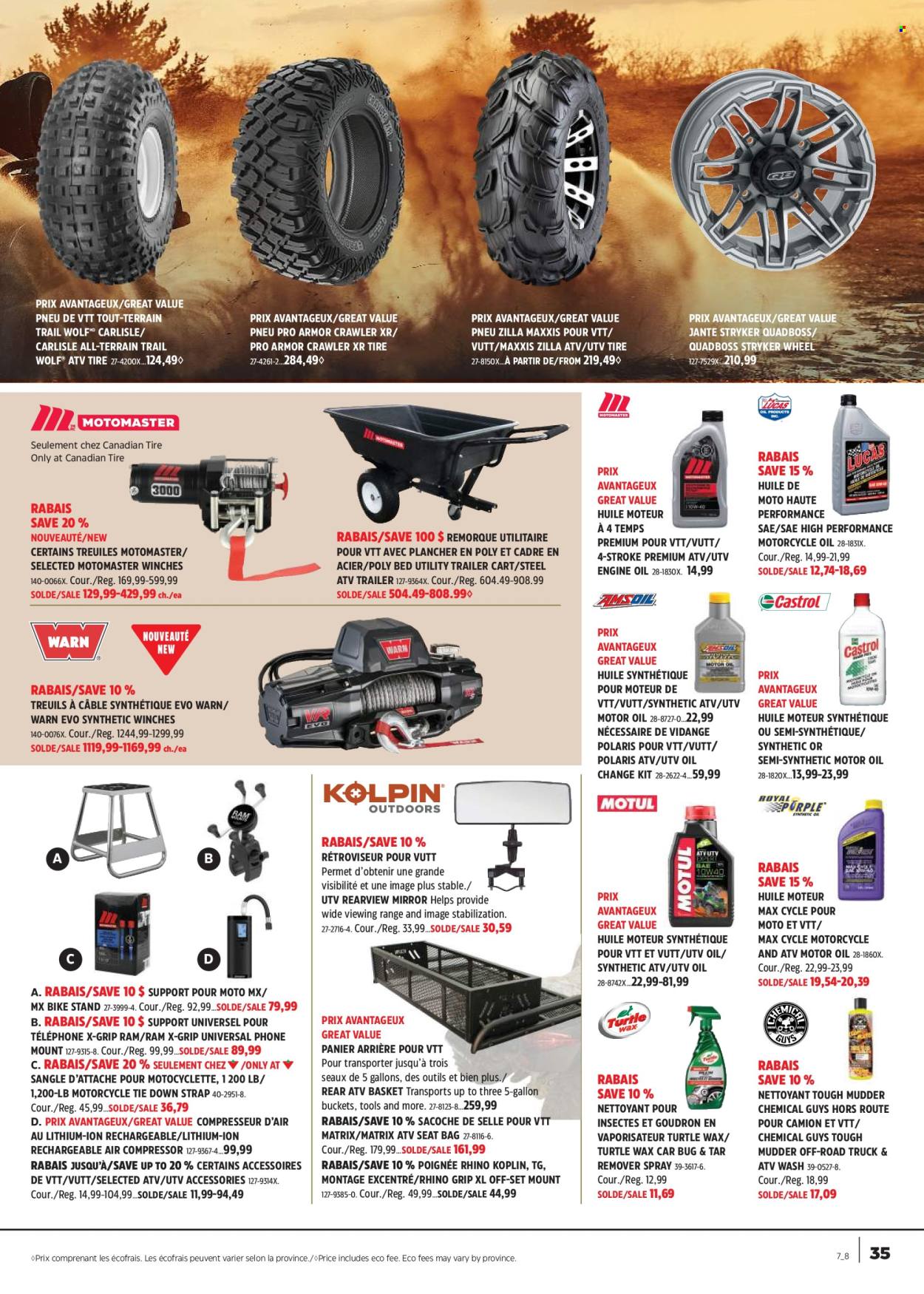thumbnail - Canadian Tire Flyer - April 18, 2024 - May 08, 2024 - Sales products - bag, basket, compressor, bucket, Zilla, mobile phone holder, bed, mirror, bicycle, trailer, motorcycle, Rhino, air compressor, cart, strap, Polaris, motor oil. Page 35.