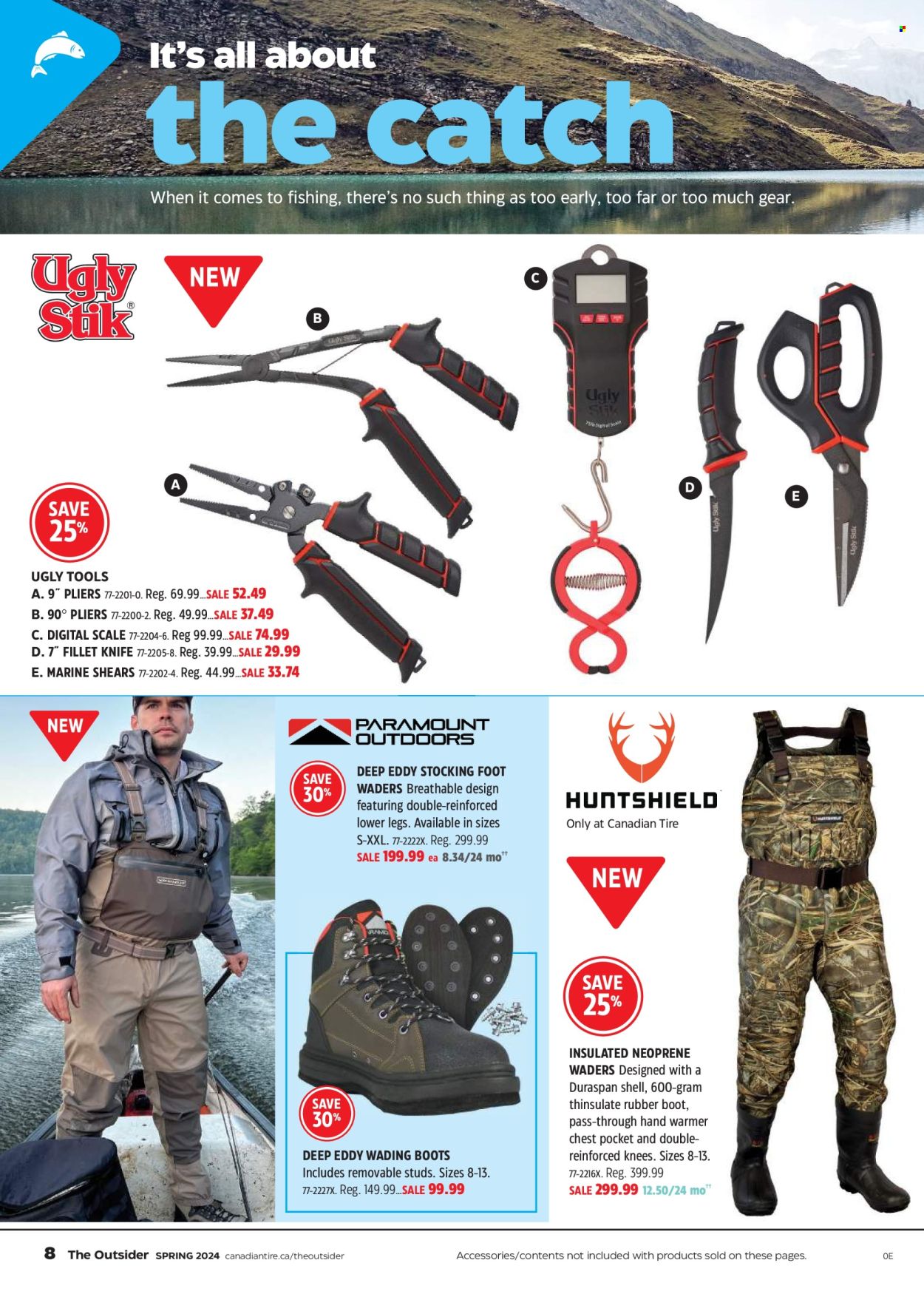 thumbnail - Canadian Tire Flyer - April 18, 2024 - May 09, 2024 - Sales products - scale, knife, scissors, eraser, UglyDolls, boots, hand warmer, wading boots, fishing accessories, pliers, Shell. Page 8.