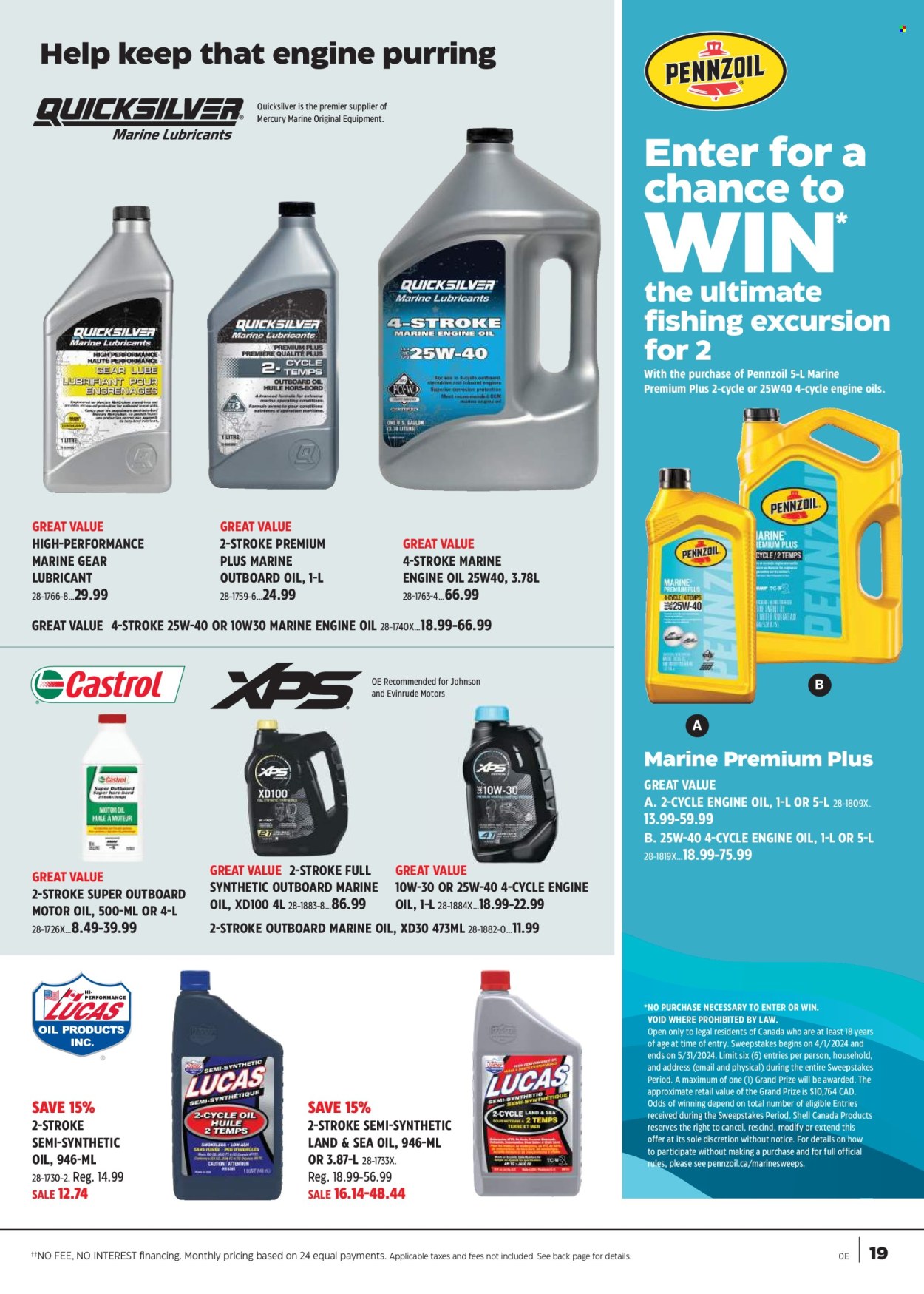 thumbnail - Canadian Tire Flyer - April 18, 2024 - May 09, 2024 - Sales products - Johnson's, lubricant, motor oil, Shell, Pennzoil, Quicksilver Marine Lubricants. Page 19.