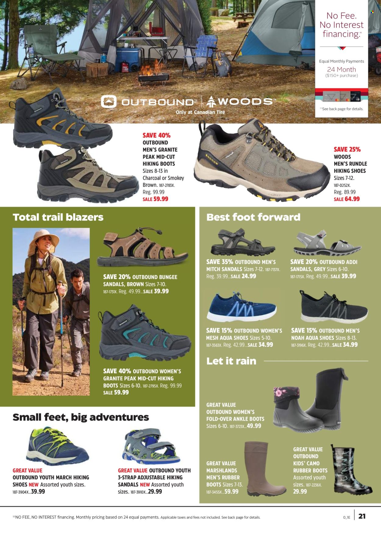 thumbnail - Canadian Tire Flyer - April 18, 2024 - May 09, 2024 - Sales products - eraser, boots, sandals, shoes, hiking shoes, water shoes, rubber boots, strap. Page 21.