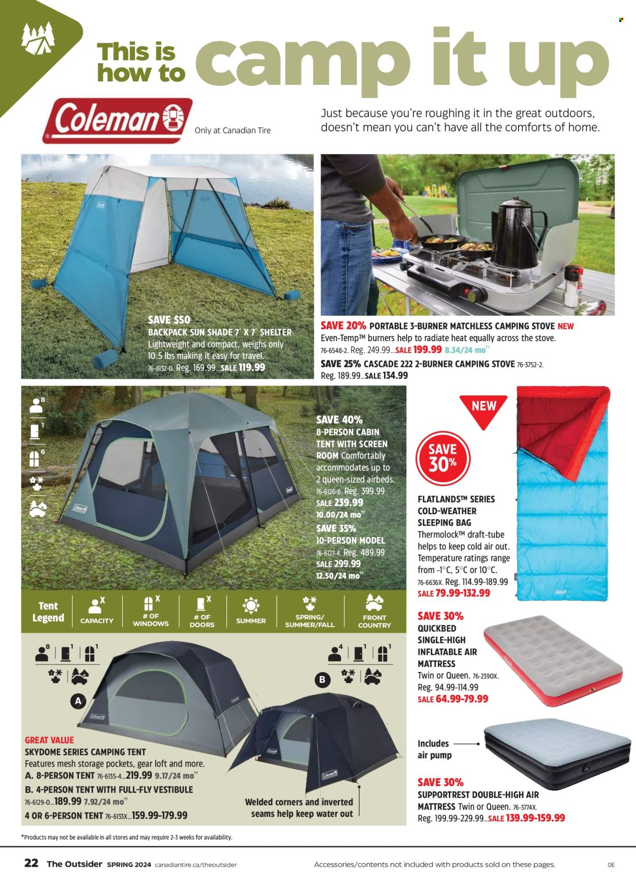 thumbnail - Canadian Tire Flyer - April 18, 2024 - May 09, 2024 - Sales products - Cascade, stove, air mattress, airbed, mattress, pump, sleeping bag, tent, camping tent, door, sun shade. Page 22.