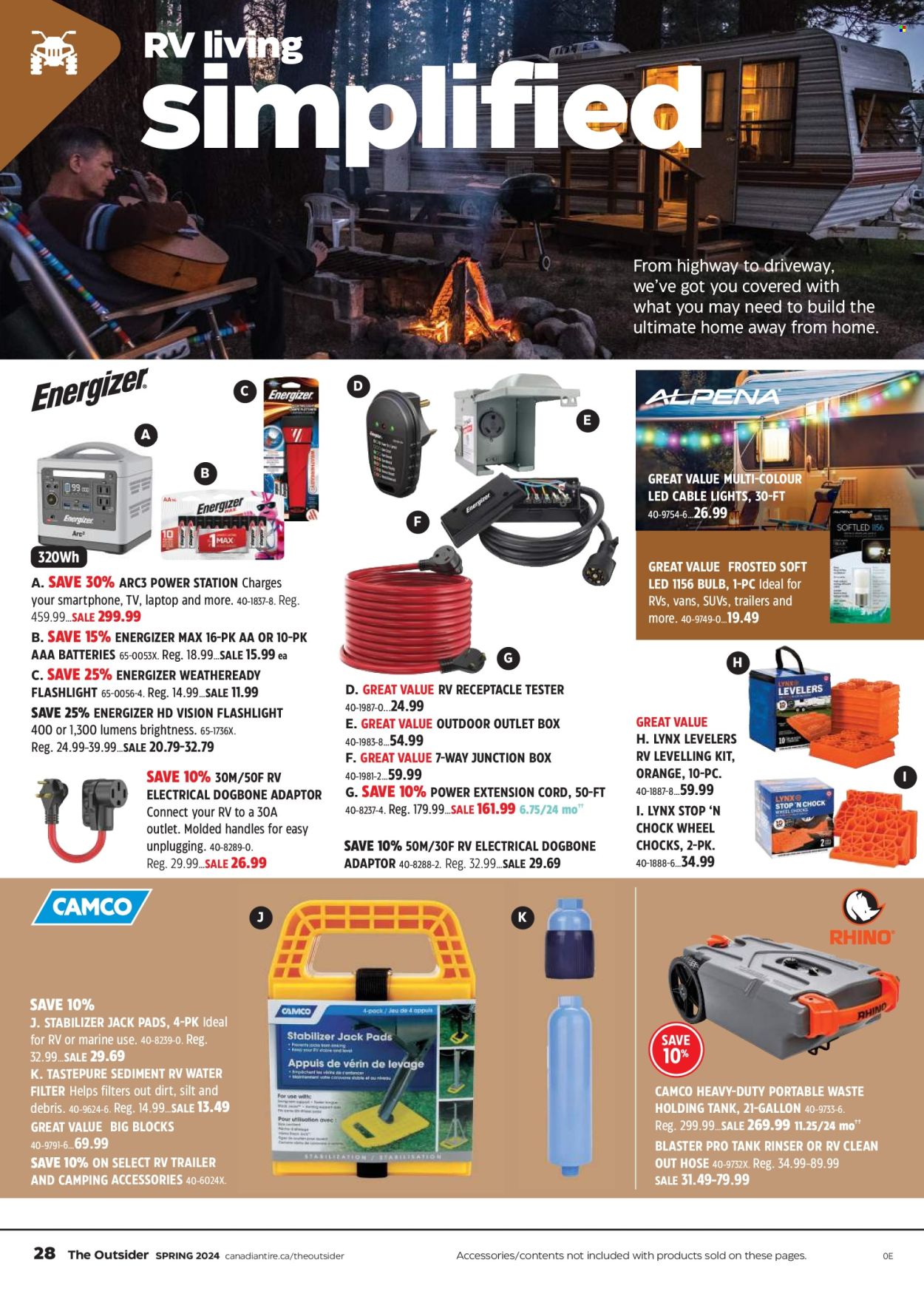 thumbnail - Canadian Tire Flyer - April 18, 2024 - May 09, 2024 - Sales products - pads, gallon, adaptor, battery, bulb, AAA batteries, water filter, tank, TV, Vans, flashlight, camping accessories, trailer, junction box, extension cord, Energizer. Page 28.