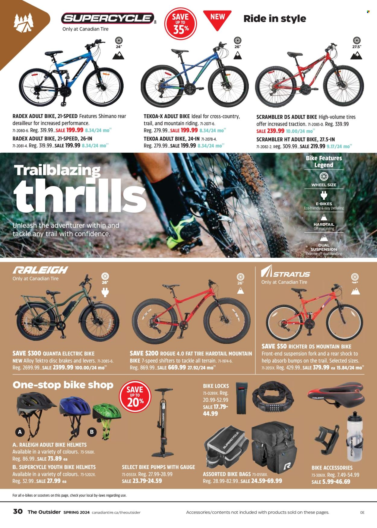 thumbnail - Canadian Tire Flyer - April 18, 2024 - May 09, 2024 - Sales products - bag, fork, electric bike, Shimano, bicycle accessories, fishing rod, gauge, tires. Page 30.