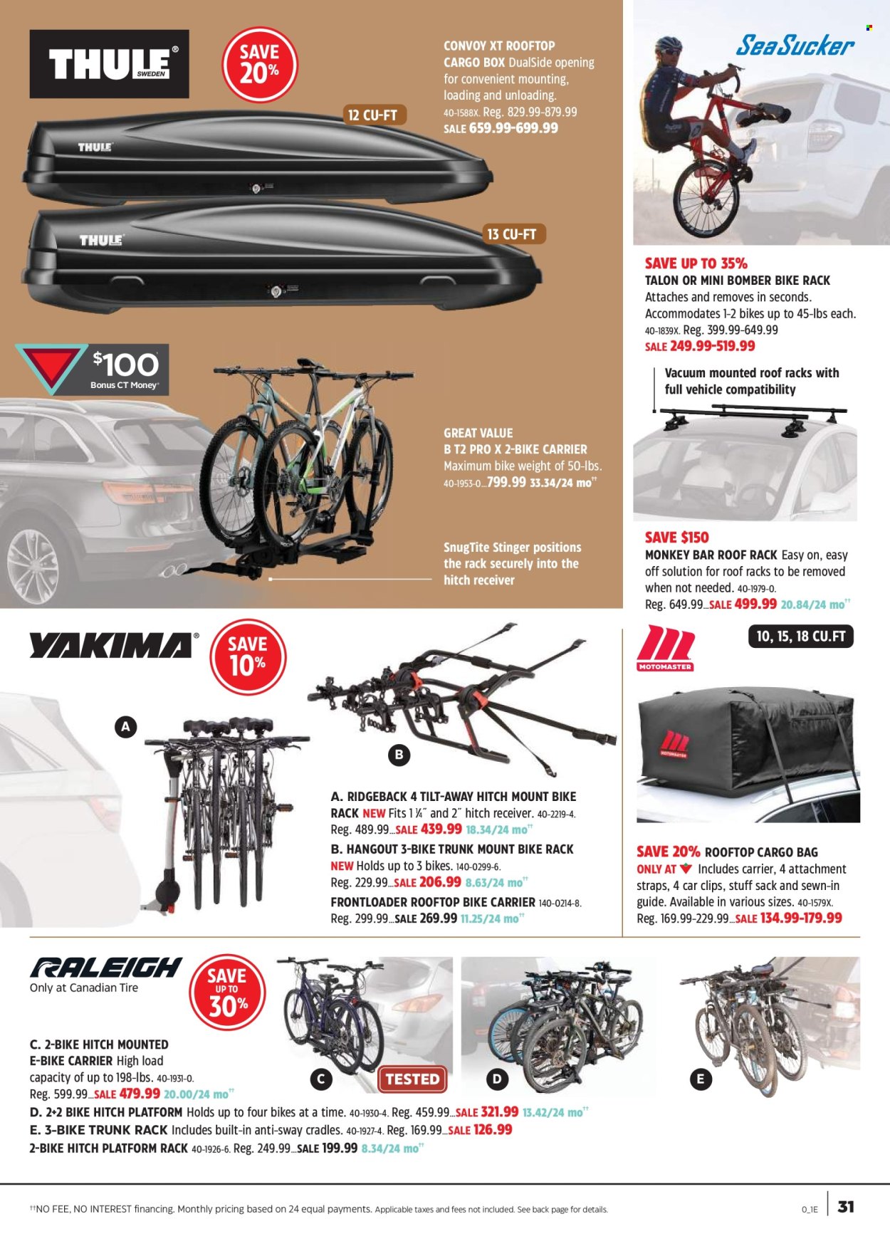 thumbnail - Canadian Tire Flyer - April 18, 2024 - May 09, 2024 - Sales products - electric bike, bike rack, vehicle, monkey, receiver, bike carrier, roof rack. Page 31.