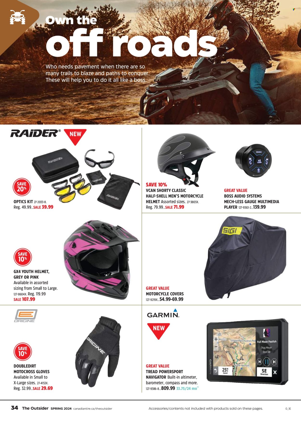 thumbnail - Canadian Tire Flyer - April 18, 2024 - May 09, 2024 - Sales products - gloves, gps navigation, helmet, optics, gauge, Shell. Page 34.