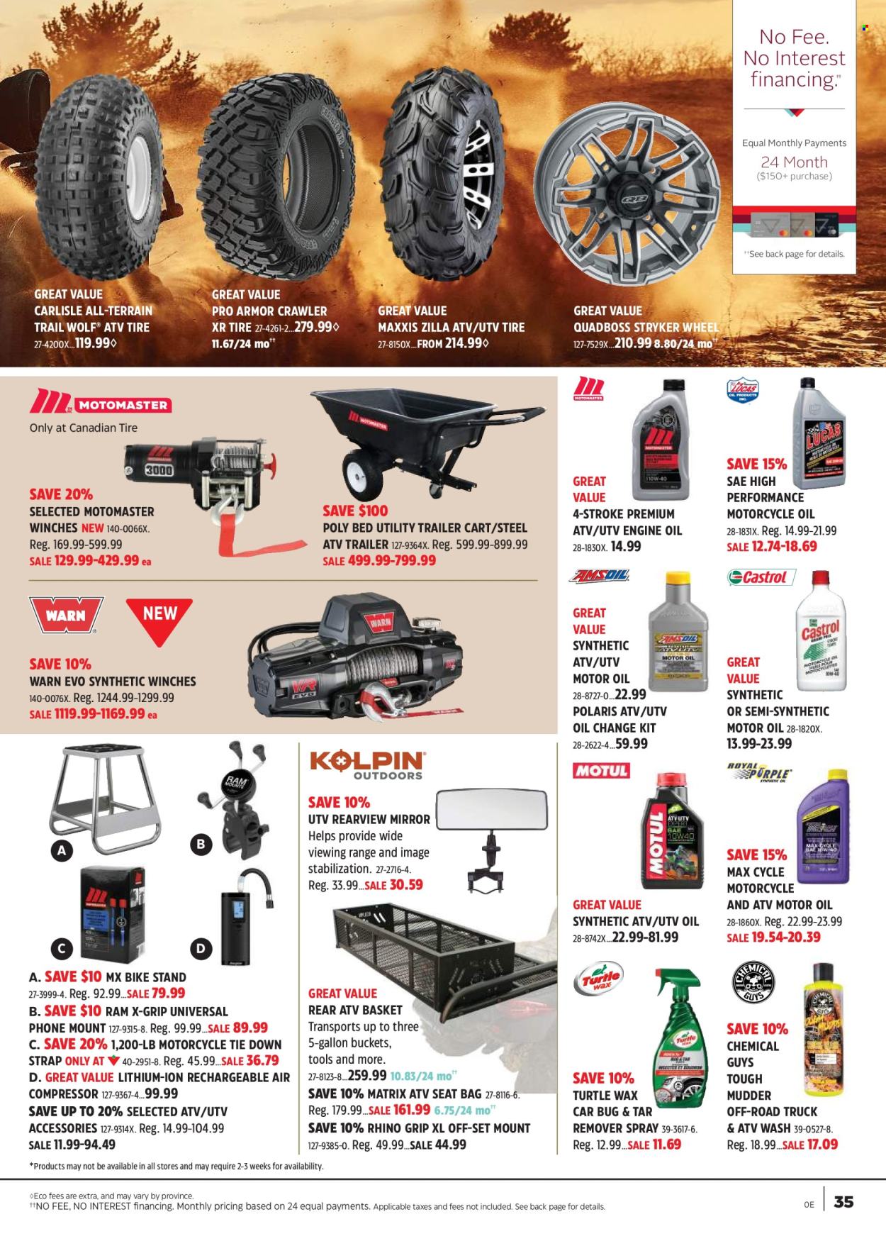 thumbnail - Canadian Tire Flyer - April 18, 2024 - May 09, 2024 - Sales products - bag, basket, compressor, bucket, Zilla, mobile phone holder, bed, mirror, bicycle, trailer, motorcycle, Rhino, air compressor, cart, strap, Polaris, motor oil. Page 35.