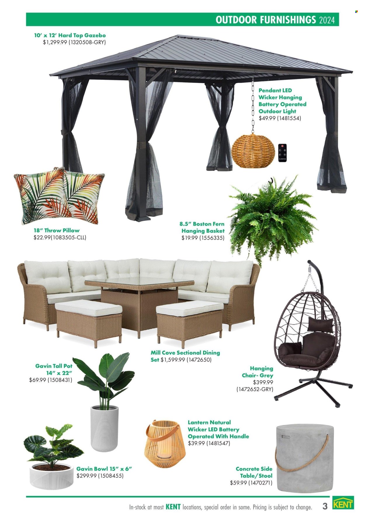 thumbnail - Kent Flyer - April 18, 2024 - May 29, 2024 - Sales products - pot, bowl, pillow, blanket, dining set, table, hanging chair, lantern, hanging basket, gazebo. Page 3.